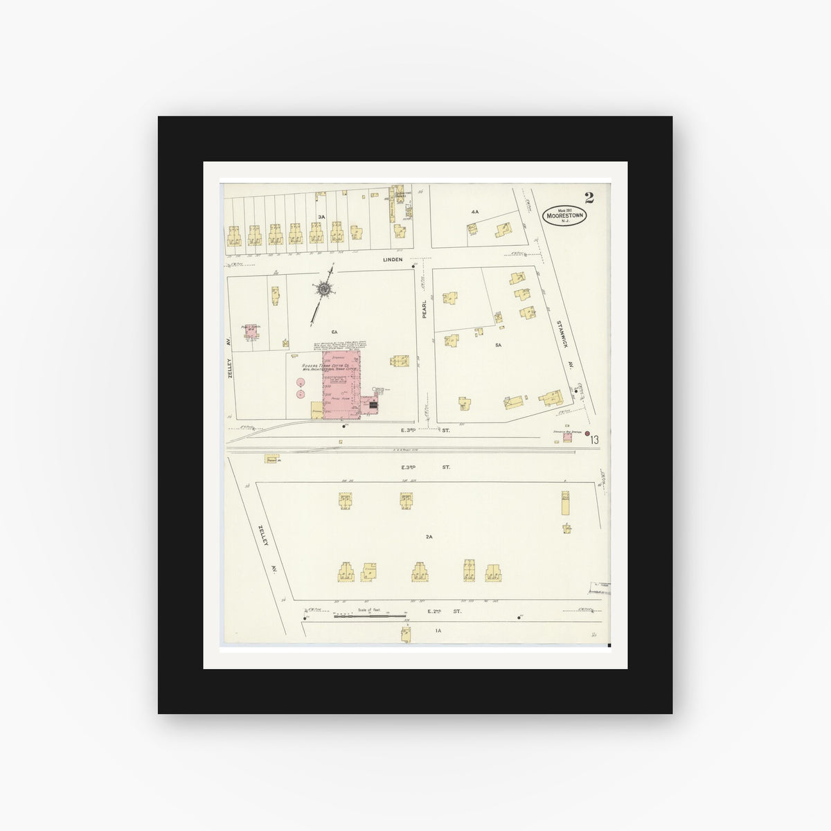 Old map wall art mockup — black gallery frame with white mat — Sanborn Fire Insurance Map from Moorestown, Burlington County, New Jersey (1911) - Complete Map Set