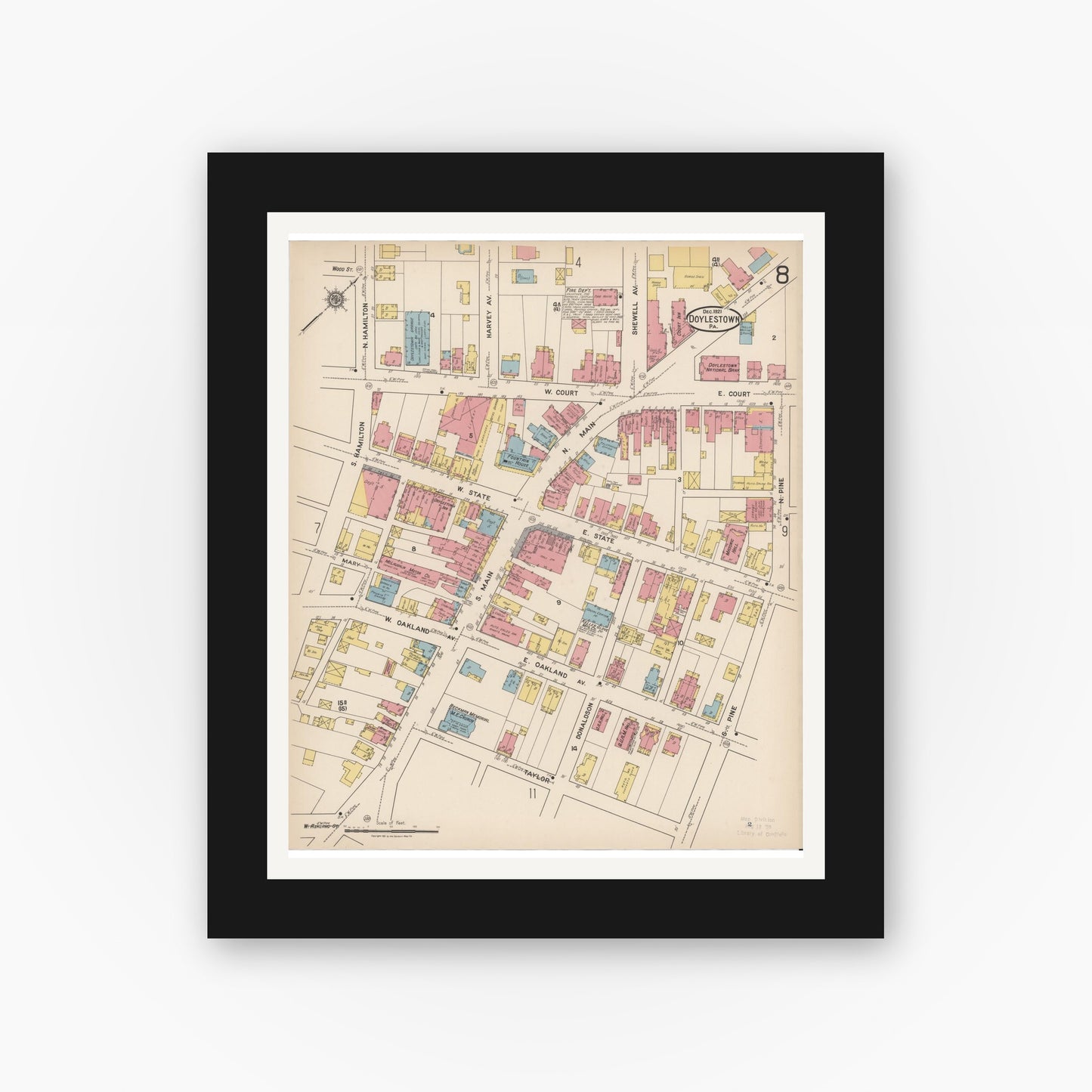 Old map wall art mockup — black gallery frame with white mat — Sanborn Fire Insurance Map from Doylestown, Bucks County, Pennsylvania (1922), Sheet #0008