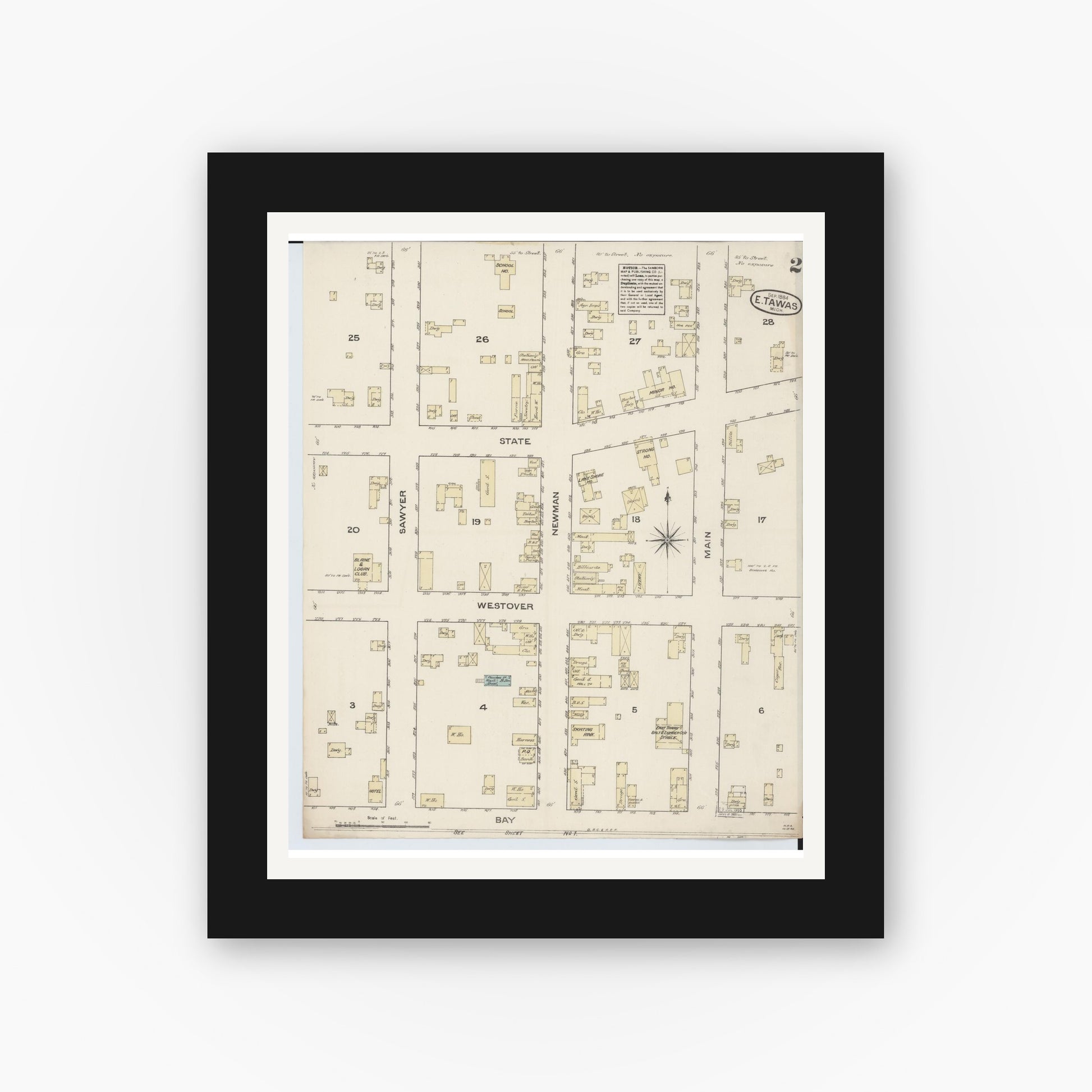 Old map wall art mockup — black gallery frame with white mat — Sanborn Fire Insurance Map from East Tawas, Iosco County, Michigan (1884), Sheet #0002