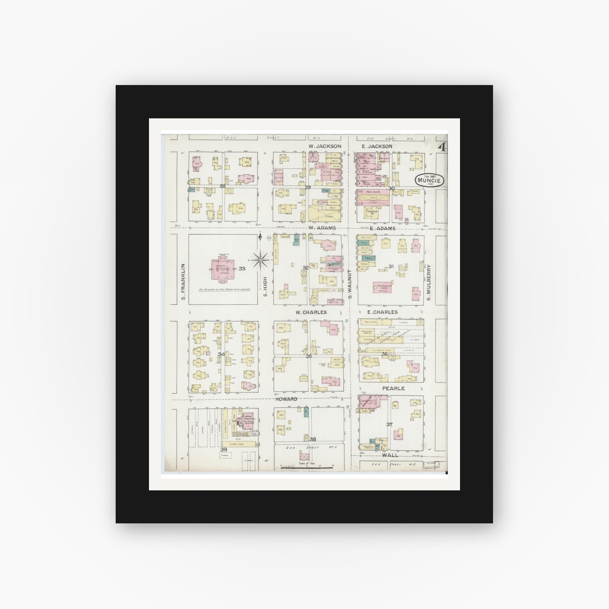 Old map wall art mockup — black gallery frame with white mat — Sanborn Fire Insurance Map from Muncie, Delaware County, Indiana (1887), Sheet #0004