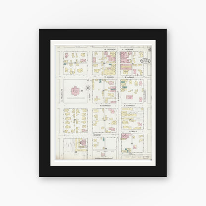 Old map wall art mockup — black gallery frame with white mat — Sanborn Fire Insurance Map from Muncie, Delaware County, Indiana (1887), Sheet #0004