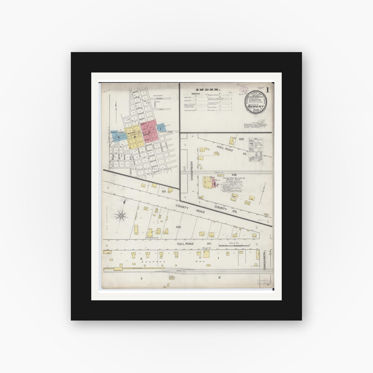 Old map wall art mockup — black gallery frame with white mat — Sanborn Fire Insurance Map from Bement, Piatt County, Illinois (1893) - Complete Map Set