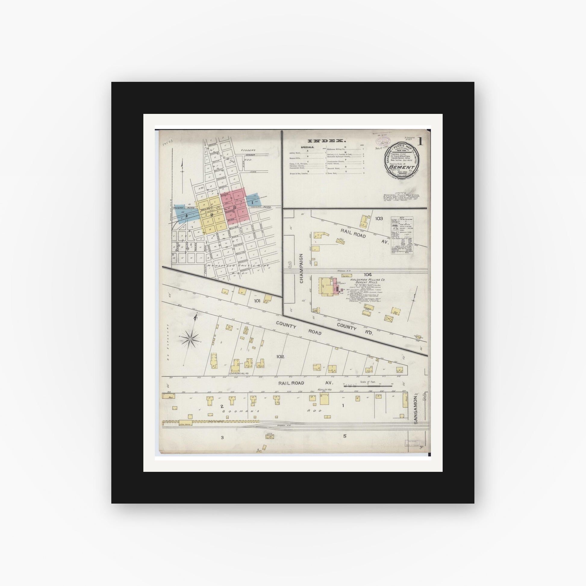Old map wall art mockup — black gallery frame with white mat — Sanborn Fire Insurance Map from Bement, Piatt County, Illinois (1893) - Complete Map Set