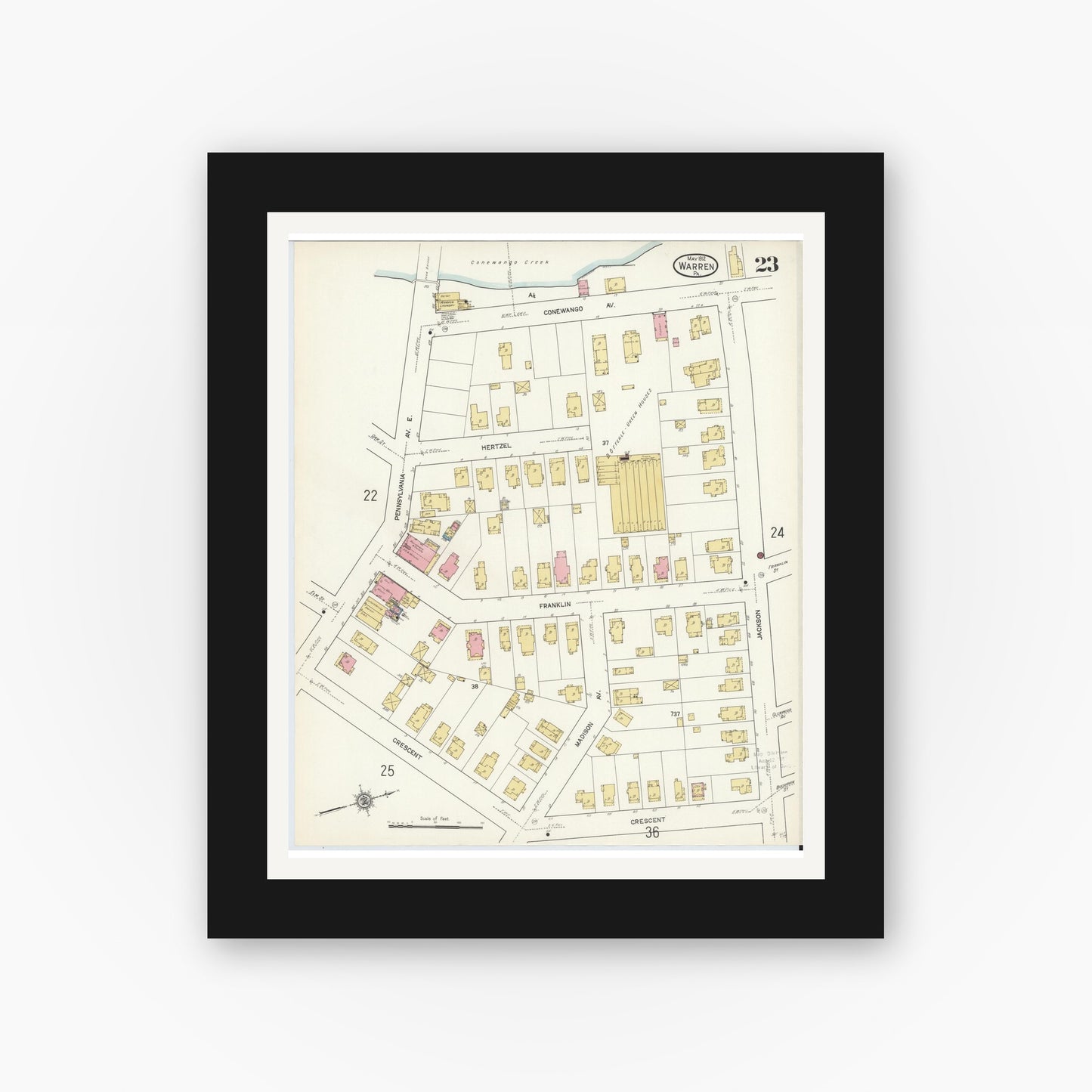 Old map wall art mockup — black gallery frame with white mat — Sanborn Fire Insurance Map from Warren, Warren County, Pennsylvania (1912), Sheet #0023
