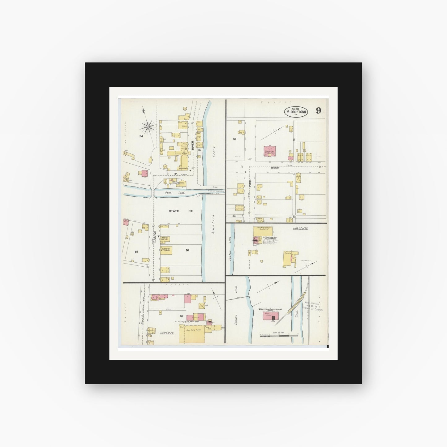 Old map wall art mockup — black gallery frame with white mat — Sanborn Fire Insurance Map from Middletown, Dauphin County, Pennsylvania (1902), Sheet #0009