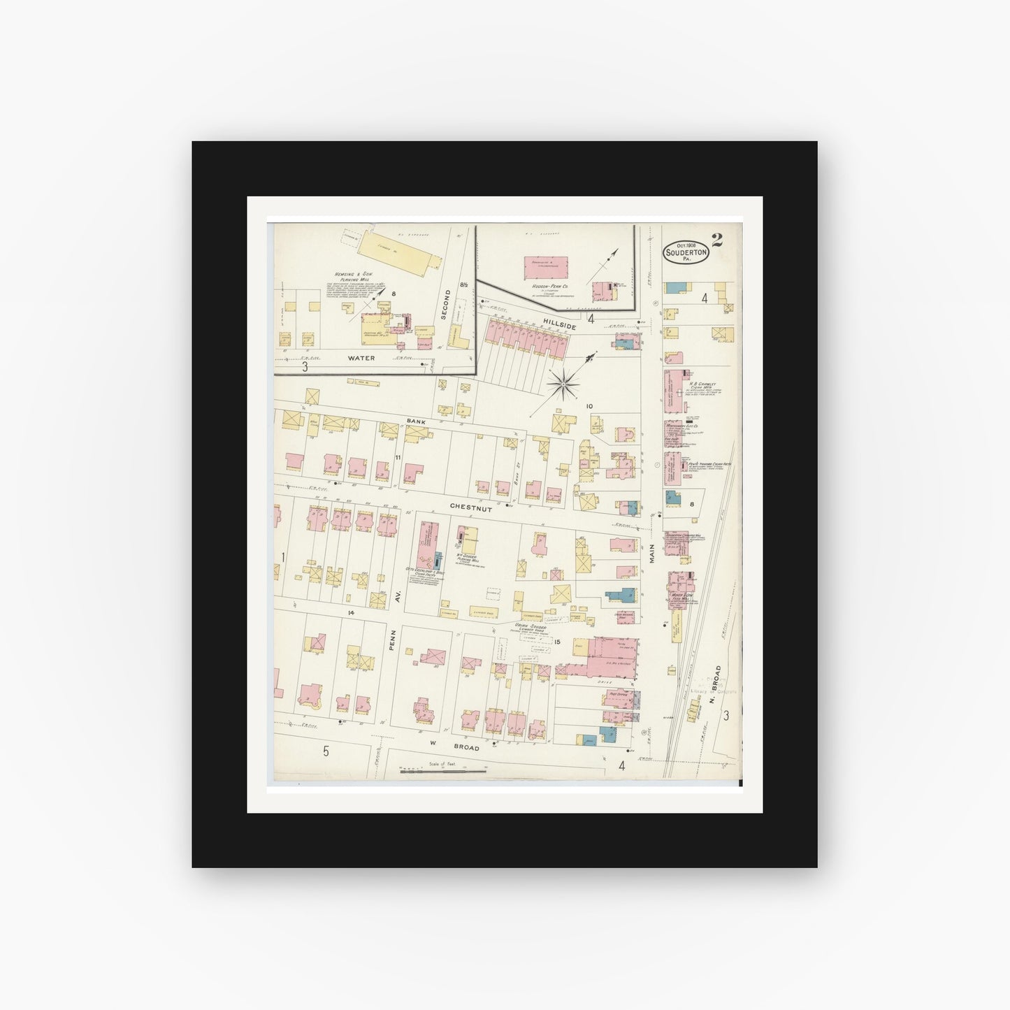Old map wall art mockup — black gallery frame with white mat — Sanborn Fire Insurance Map from Souderton, Montgomery County, Pennsylvania (1908), Sheet #0002
