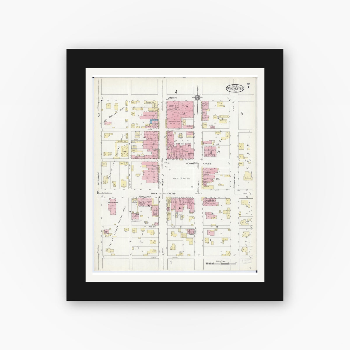 Old map wall art mockup — black gallery frame with white mat — Sanborn Fire Insurance Map from Winchester, Scott County, Illinois (1914), Sheet #0007