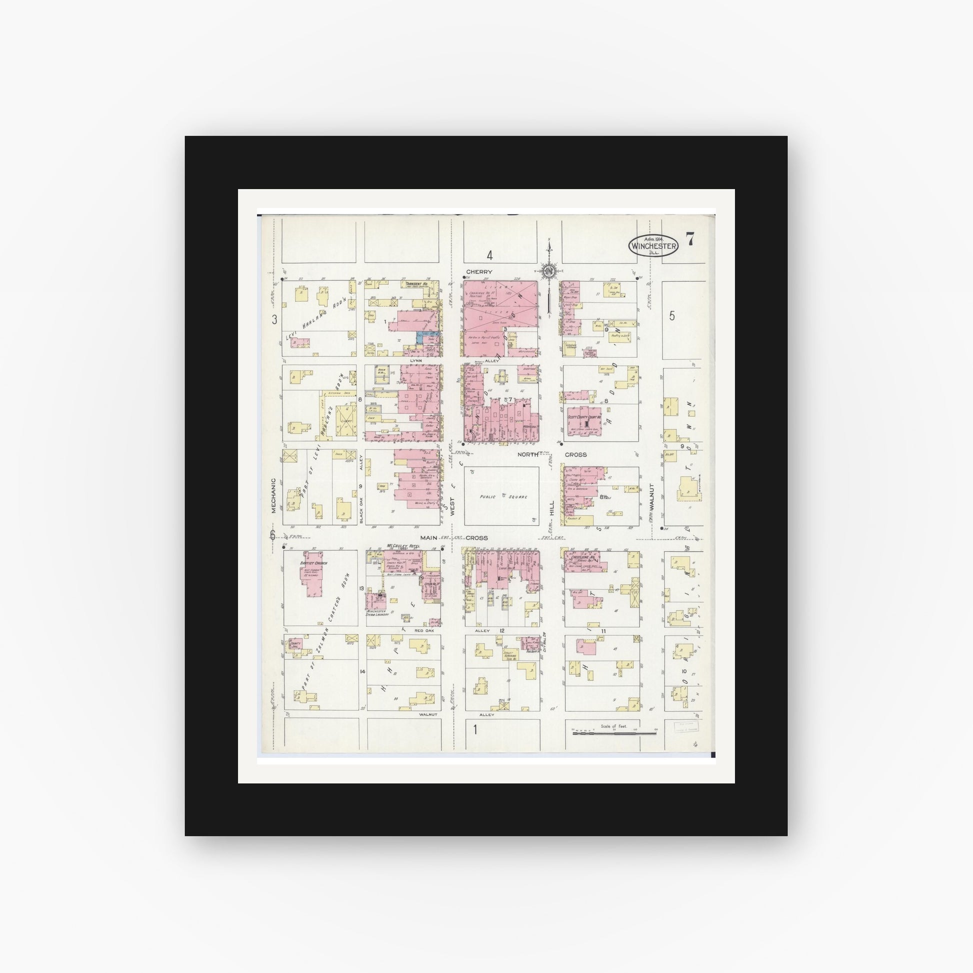 Old map wall art mockup — black gallery frame with white mat — Sanborn Fire Insurance Map from Winchester, Scott County, Illinois (1914), Sheet #0007