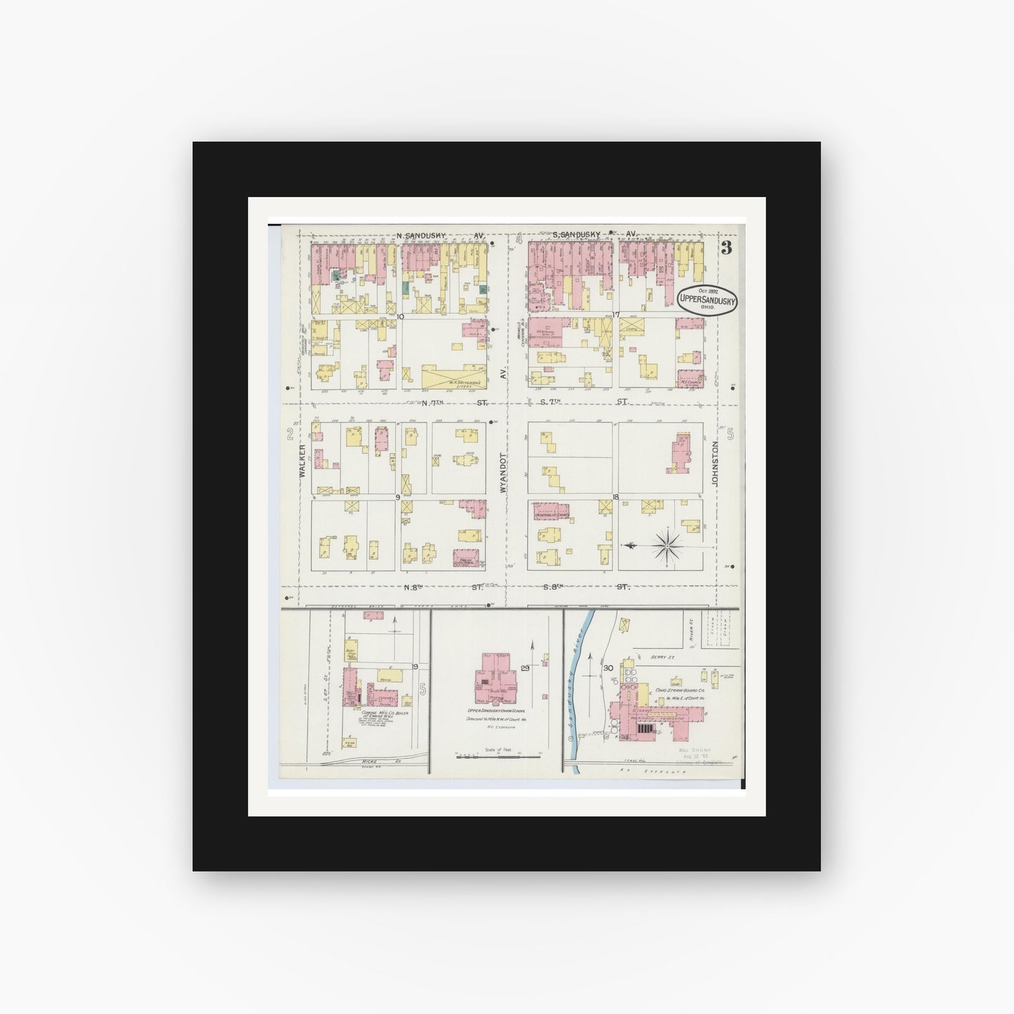 Old map wall art mockup — black gallery frame with white mat — Sanborn Fire Insurance Map from Upper Sandusky, Wyandot County, Ohio (1892), Sheet #0003