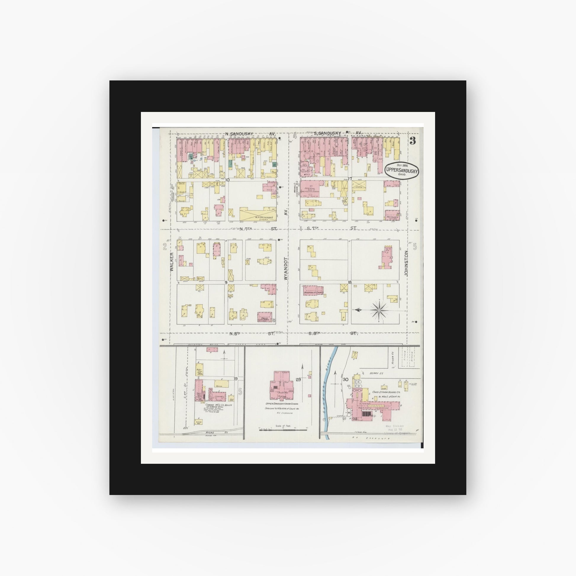 Old map wall art mockup — black gallery frame with white mat — Sanborn Fire Insurance Map from Upper Sandusky, Wyandot County, Ohio (1892), Sheet #0003