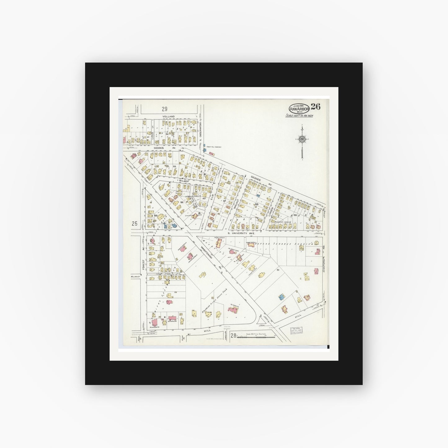 Old map wall art mockup — black gallery frame with white mat — Sanborn Fire Insurance Map from Ann Arbor, Washtenaw County, Michigan (1916), Sheet #0026