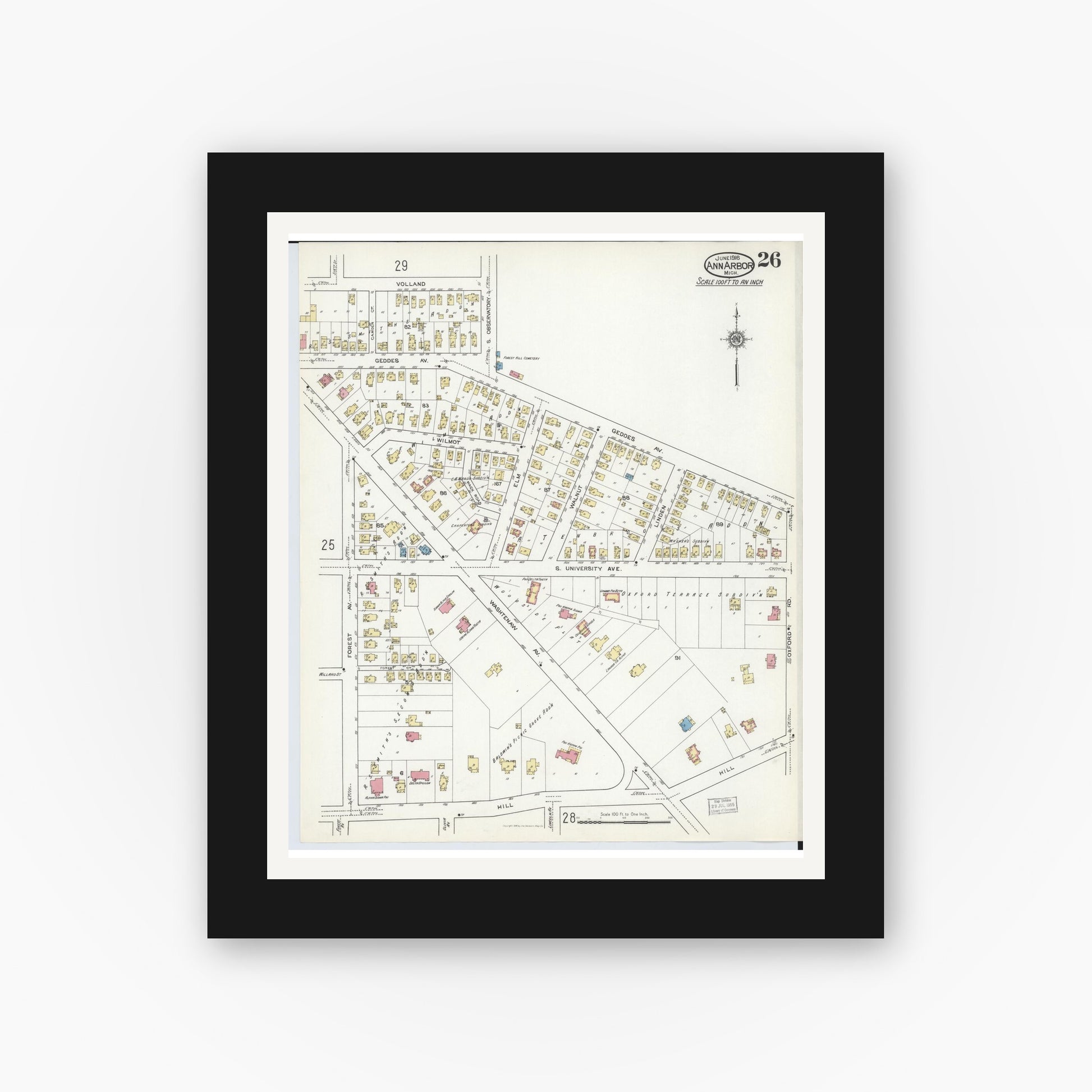 Old map wall art mockup — black gallery frame with white mat — Sanborn Fire Insurance Map from Ann Arbor, Washtenaw County, Michigan (1916), Sheet #0026