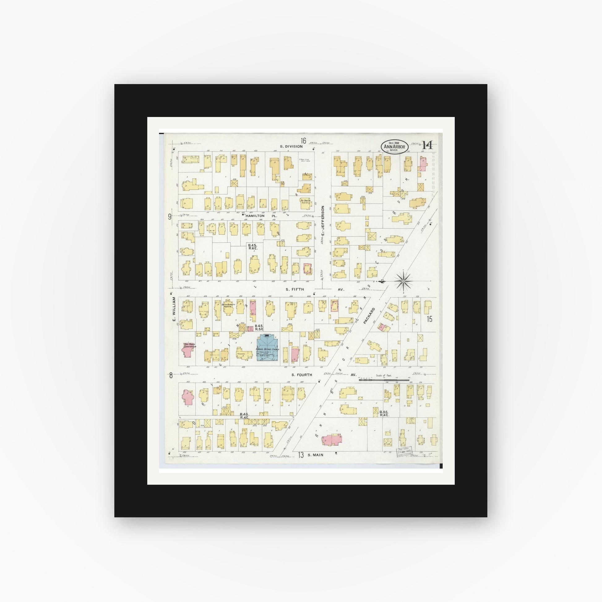 Old map wall art mockup — black gallery frame with white mat — Sanborn Fire Insurance Map from Ann Arbor, Washtenaw County, Michigan (1908), Sheet #0014
