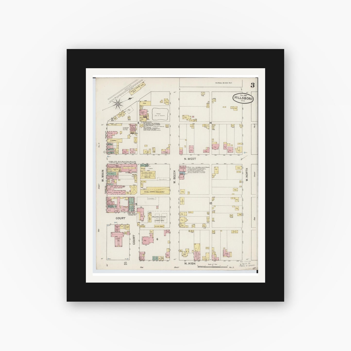 Old map wall art mockup — black gallery frame with white mat — Sanborn Fire Insurance Map from Hillsboro, Highland County, Ohio (1887), Sheet #0003