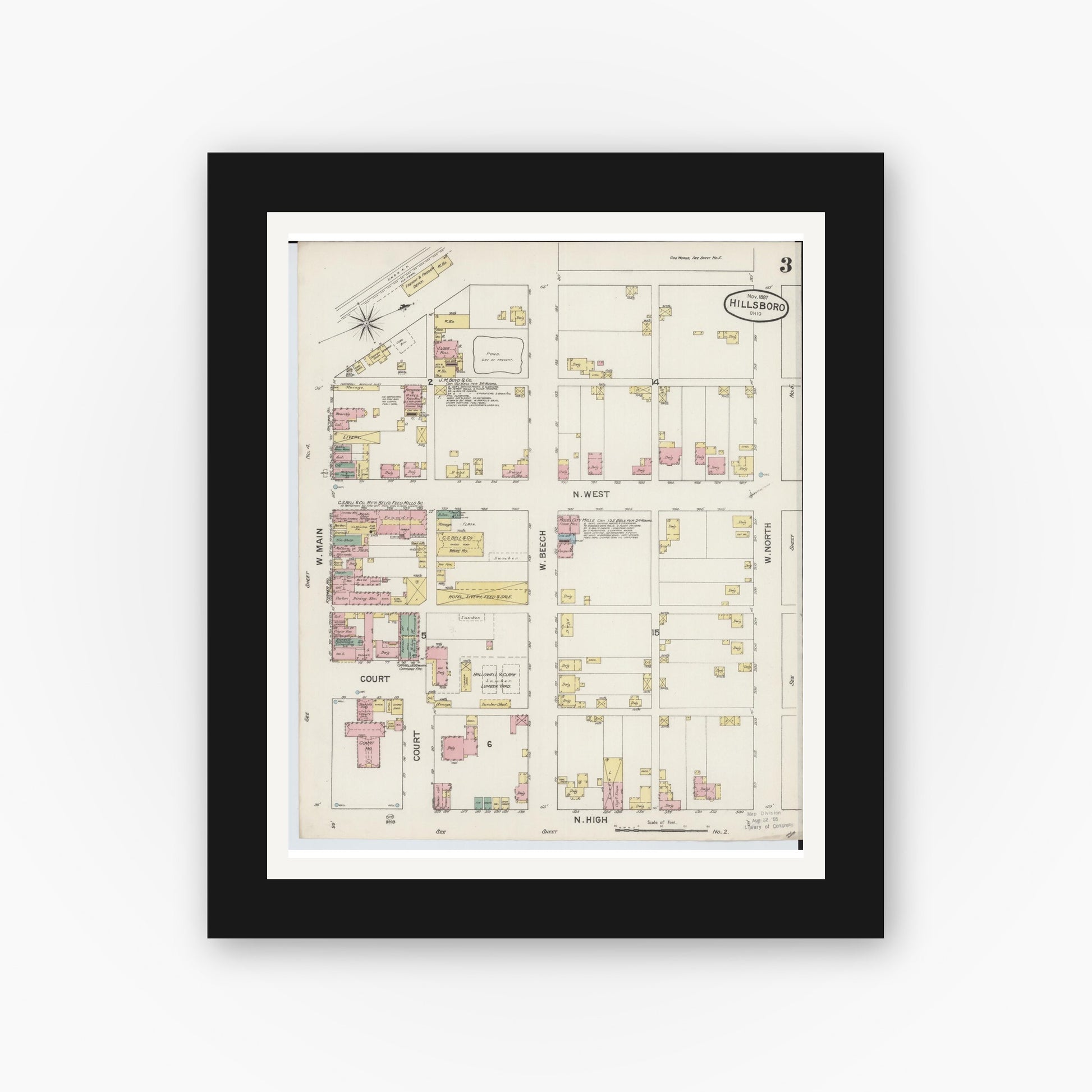 Old map wall art mockup — black gallery frame with white mat — Sanborn Fire Insurance Map from Hillsboro, Highland County, Ohio (1887), Sheet #0003