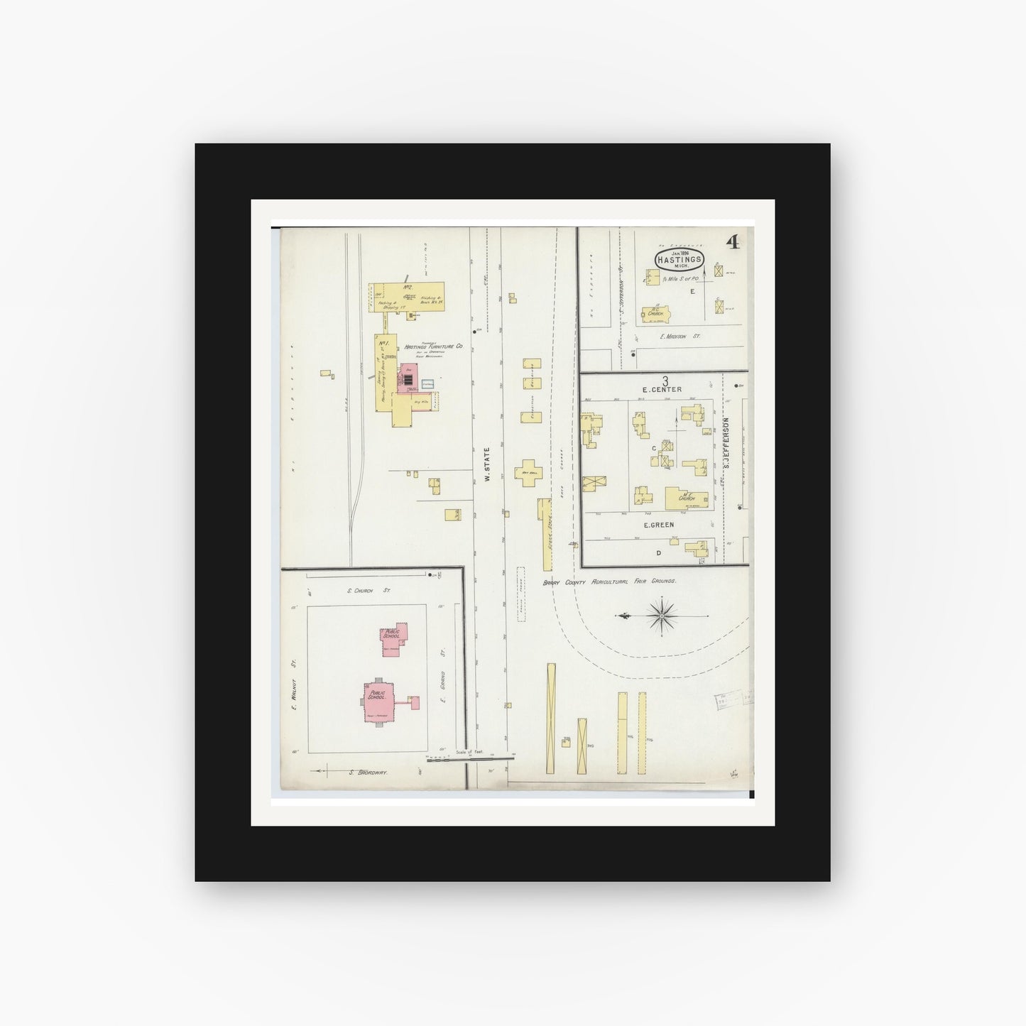 Old map wall art mockup — black gallery frame with white mat — Sanborn Fire Insurance Map from Hastings, Barry County, Michigan (1896), Sheet #0004