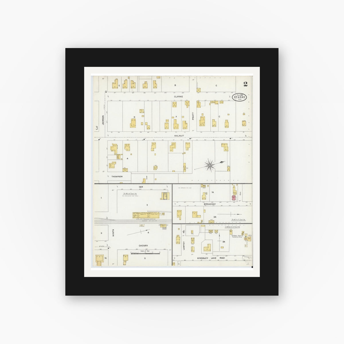 Old map wall art mockup — black gallery frame with white mat — Sanborn Fire Insurance Map from Starke, Bradford County, Florida (1906), Sheet #0002