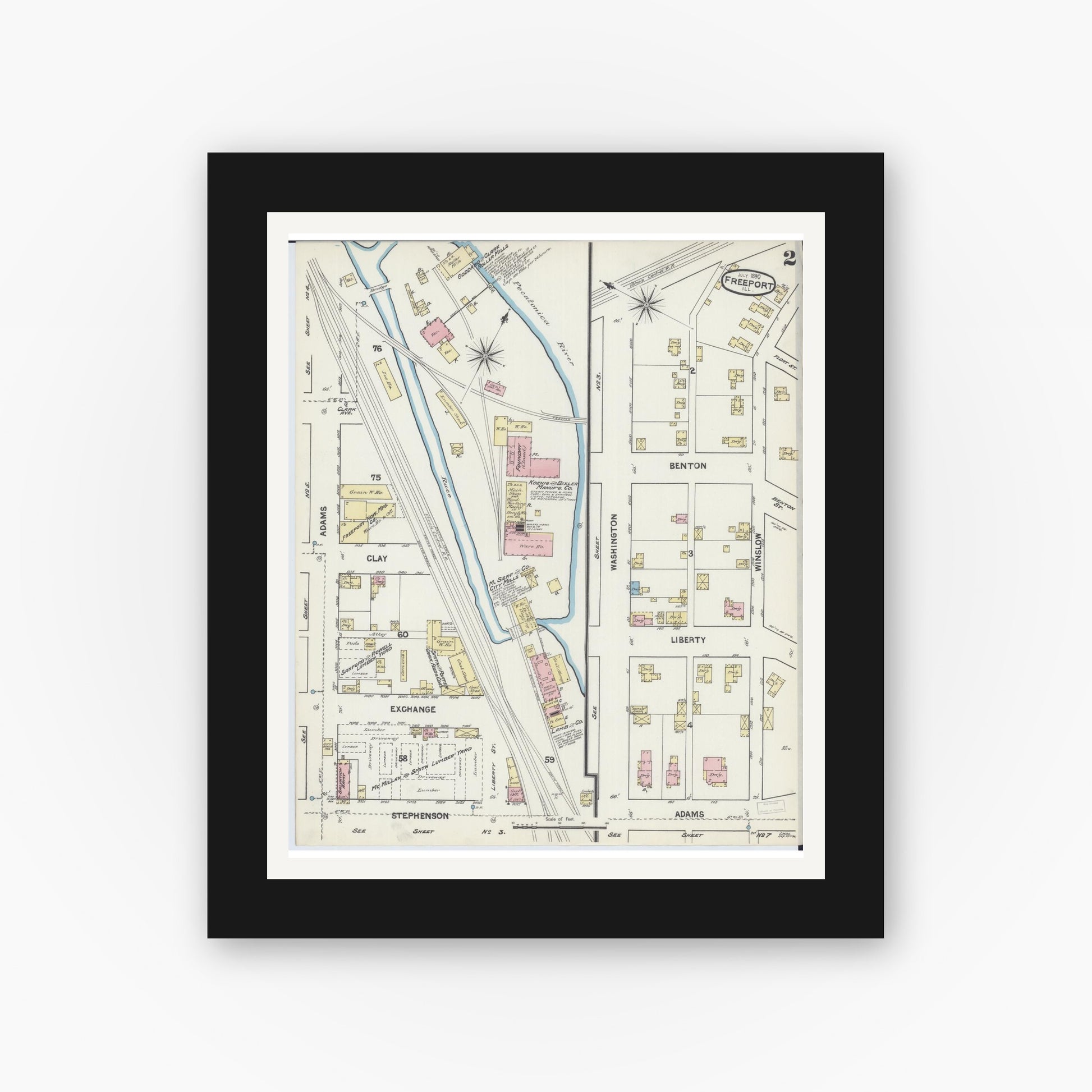 Old map wall art mockup — black gallery frame with white mat — Sanborn Fire Insurance Map from Freeport, Stephenson County, Illinois (1890), Sheet #0002