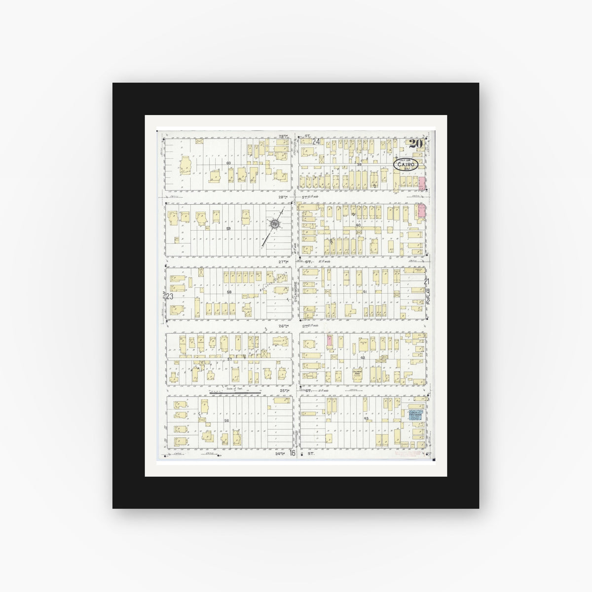 Old map wall art mockup — black gallery frame with white mat — Sanborn Fire Insurance Map from Cairo, Alexander County, Illinois (1914), Sheet #0020