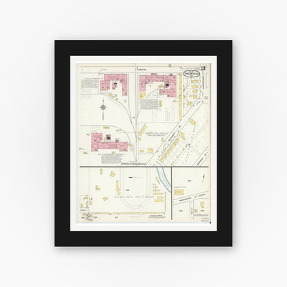Old map wall art mockup — black gallery frame with white mat — Sanborn Fire Insurance Map from Shelbyville, Shelby County, Indiana (1916), Sheet #0021