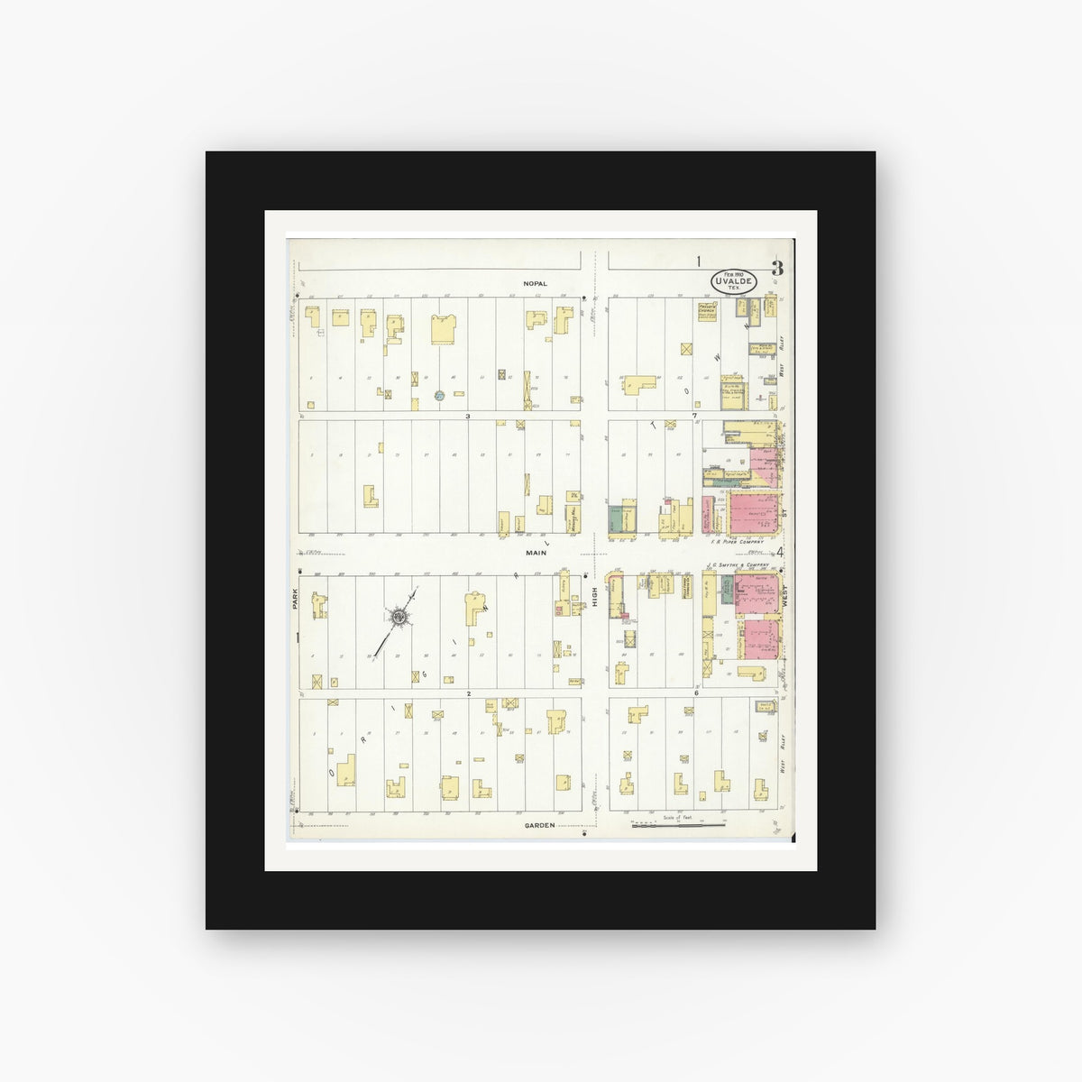 Old map wall art mockup — black gallery frame with white mat — Sanborn Fire Insurance Map from Uvalde, Uvalde County, Texas (1910), Sheet #0003