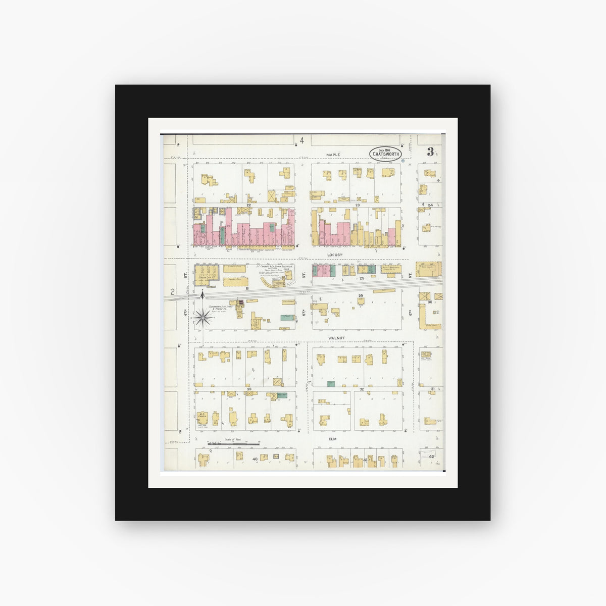 Old map wall art mockup — black gallery frame with white mat — Sanborn Fire Insurance Map from Chatsworth, Livingston County, Illinois (1906), Sheet #0003
