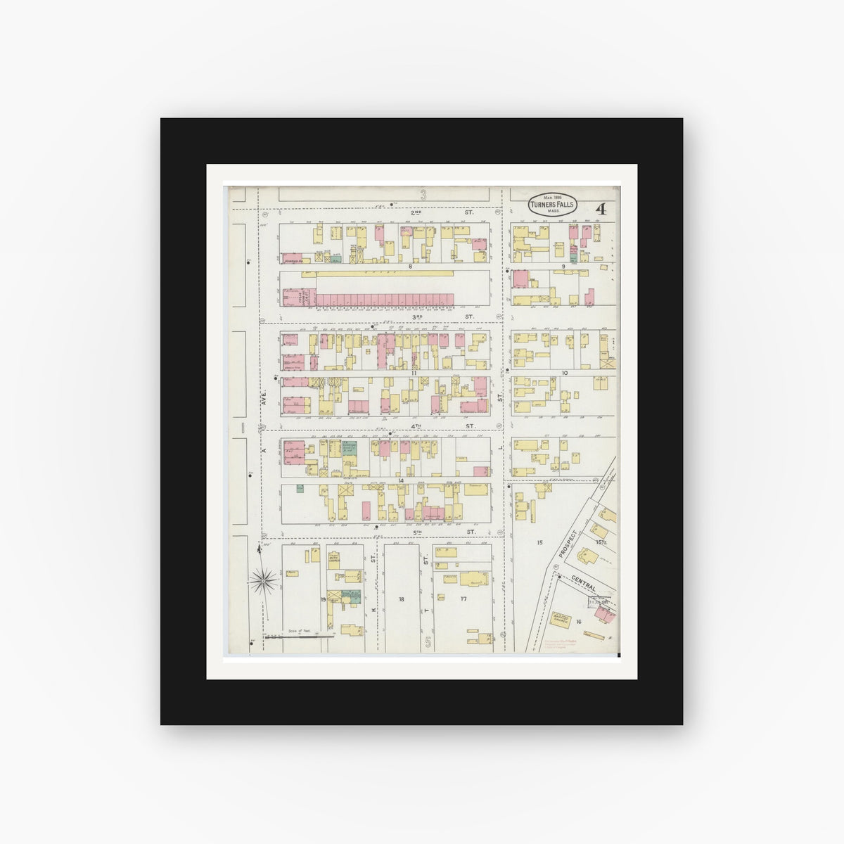 Old map wall art mockup — black gallery frame with white mat — Sanborn Fire Insurance Map from Turners Falls, Franklin County, Massachusetts (1895), Sheet #0004