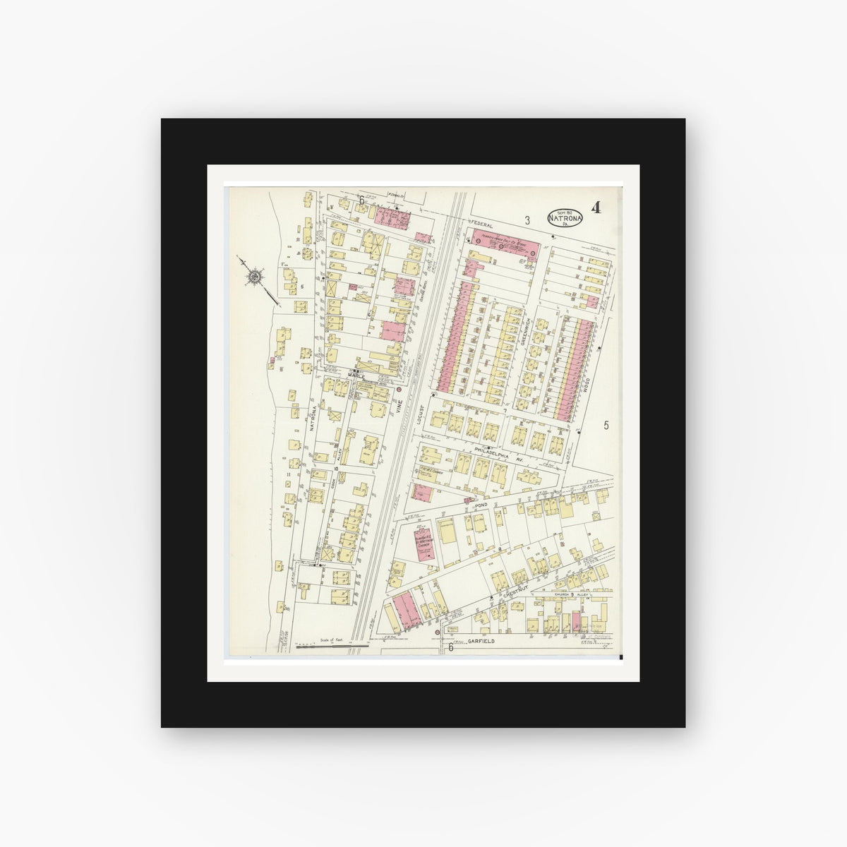 Old map wall art mockup — black gallery frame with white mat — Sanborn Fire Insurance Map from Natrona, Allegheny County, Pennsylvania (1912), Sheet #0004