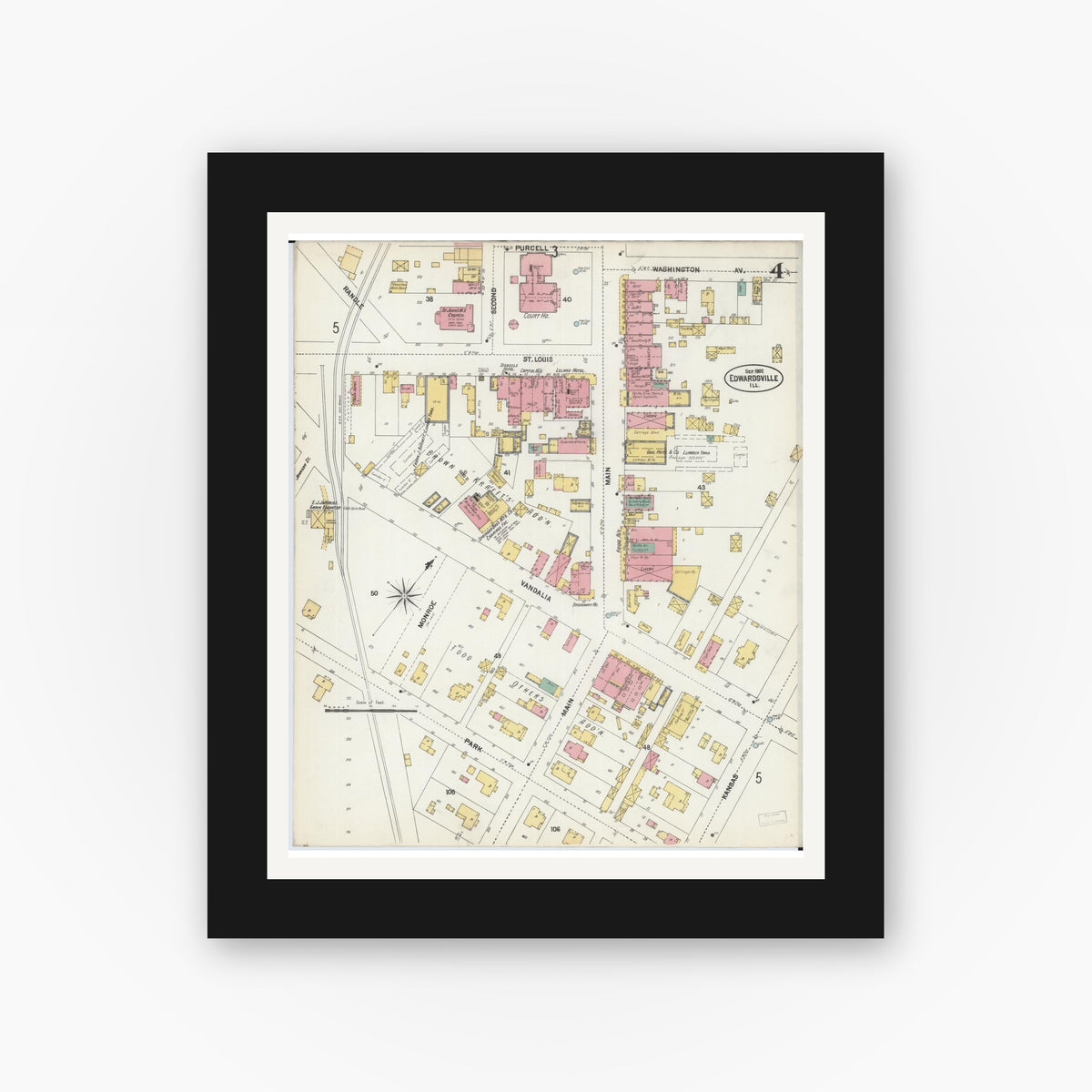 Old map wall art mockup — black gallery frame with white mat — Sanborn Fire Insurance Map from Edwardsville, Madison County, Illinois (1902), Sheet #0004