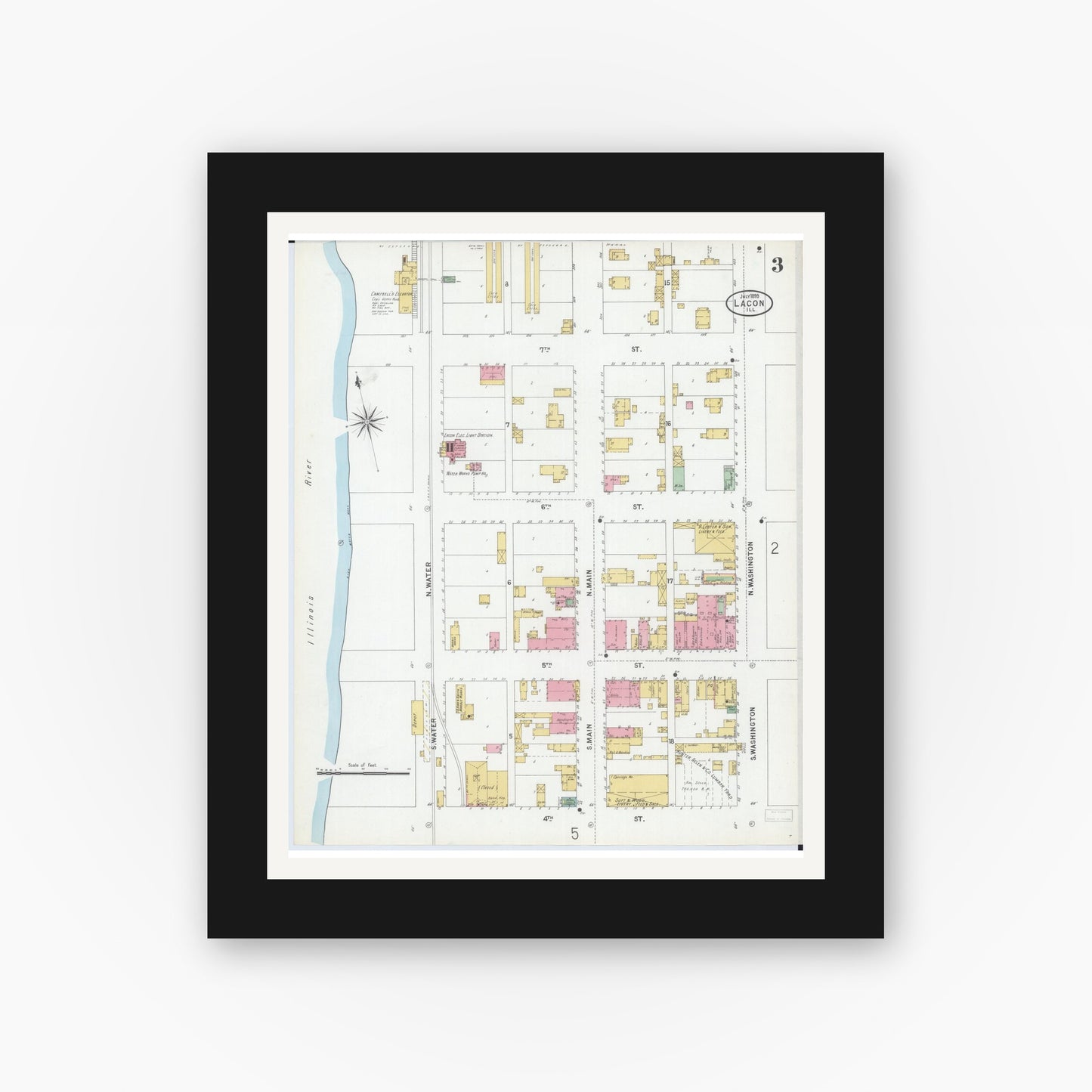 Old map wall art mockup — black gallery frame with white mat — Sanborn Fire Insurance Map from Lacon, Marshall County, Illinois (1899), Sheet #0003