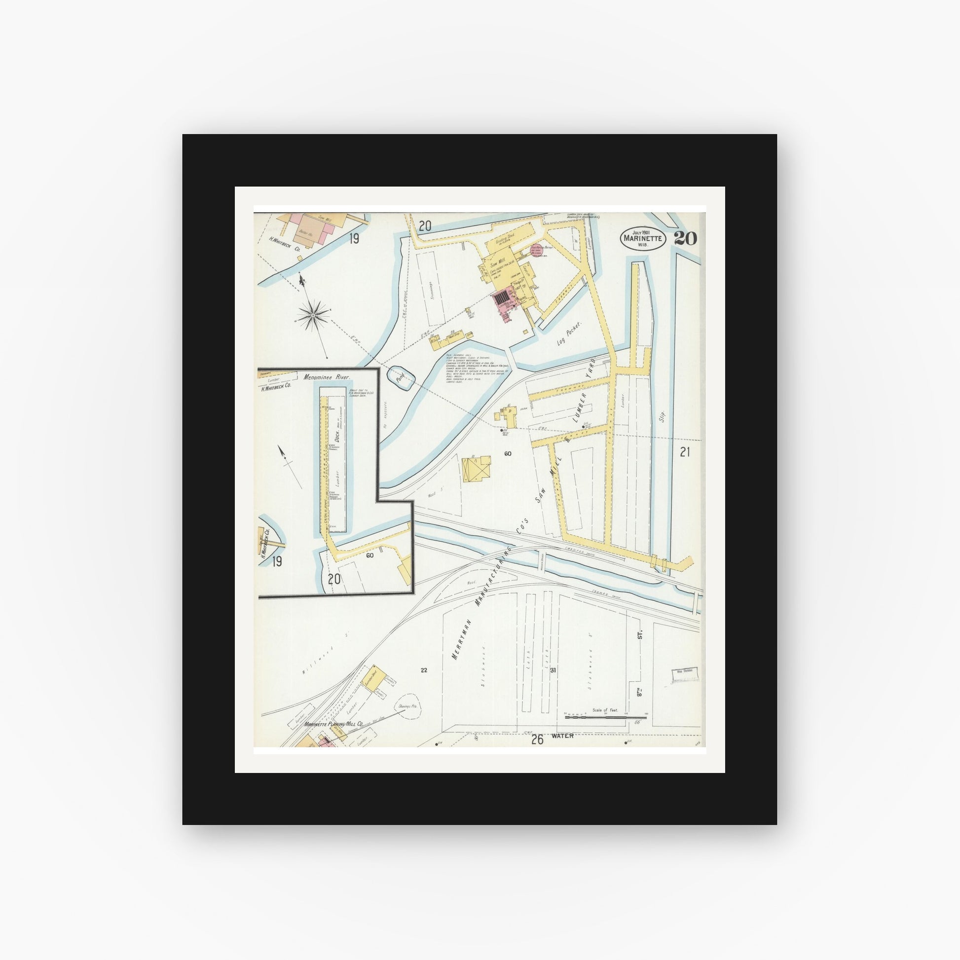 Old map wall art mockup — black gallery frame with white mat — Sanborn Fire Insurance Map from Marinette, Marinette County, Wisconsin (1901), Sheet #0020