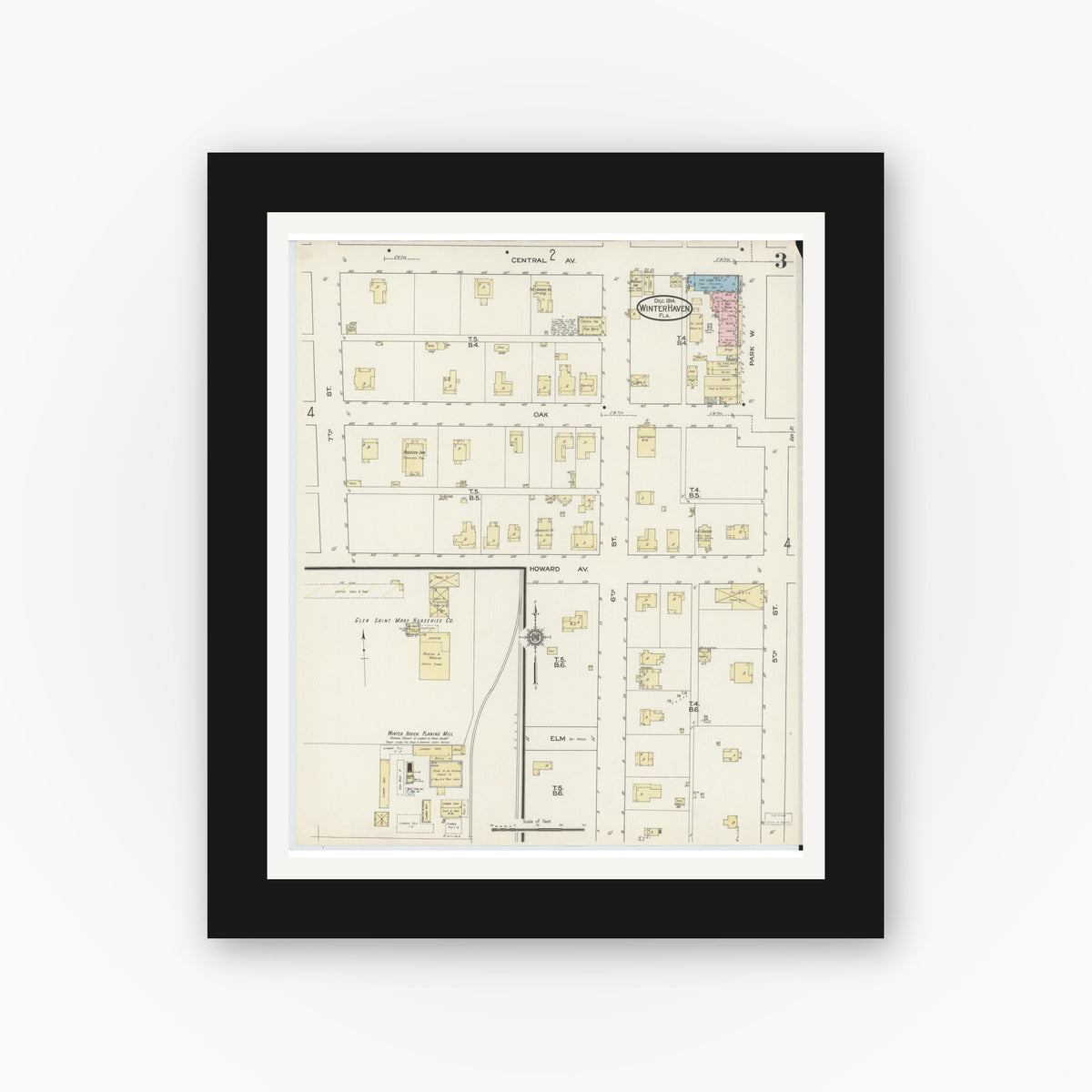Old map wall art mockup — black gallery frame with white mat — Sanborn Fire Insurance Map from Winter Haven, Polk County, Florida (1914), Sheet #0003
