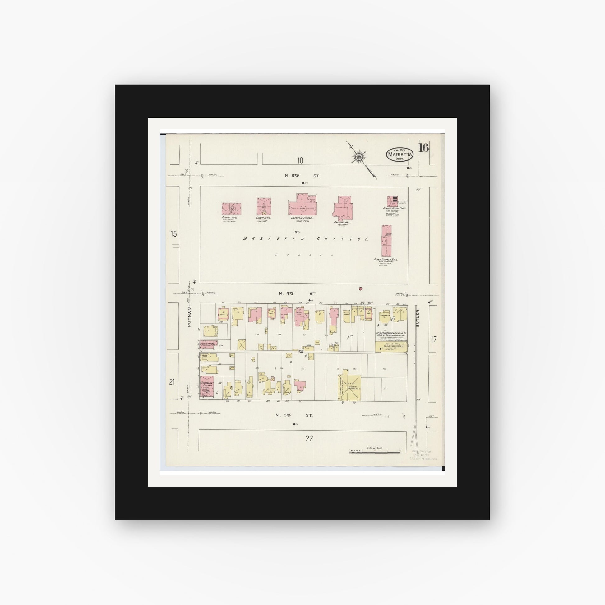 Old map wall art mockup — black gallery frame with white mat — Sanborn Fire Insurance Map from Marietta, Washington County, Ohio (1915), Sheet #0016