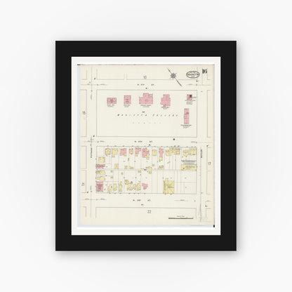 Old map wall art mockup — black gallery frame with white mat — Sanborn Fire Insurance Map from Marietta, Washington County, Ohio (1915), Sheet #0016