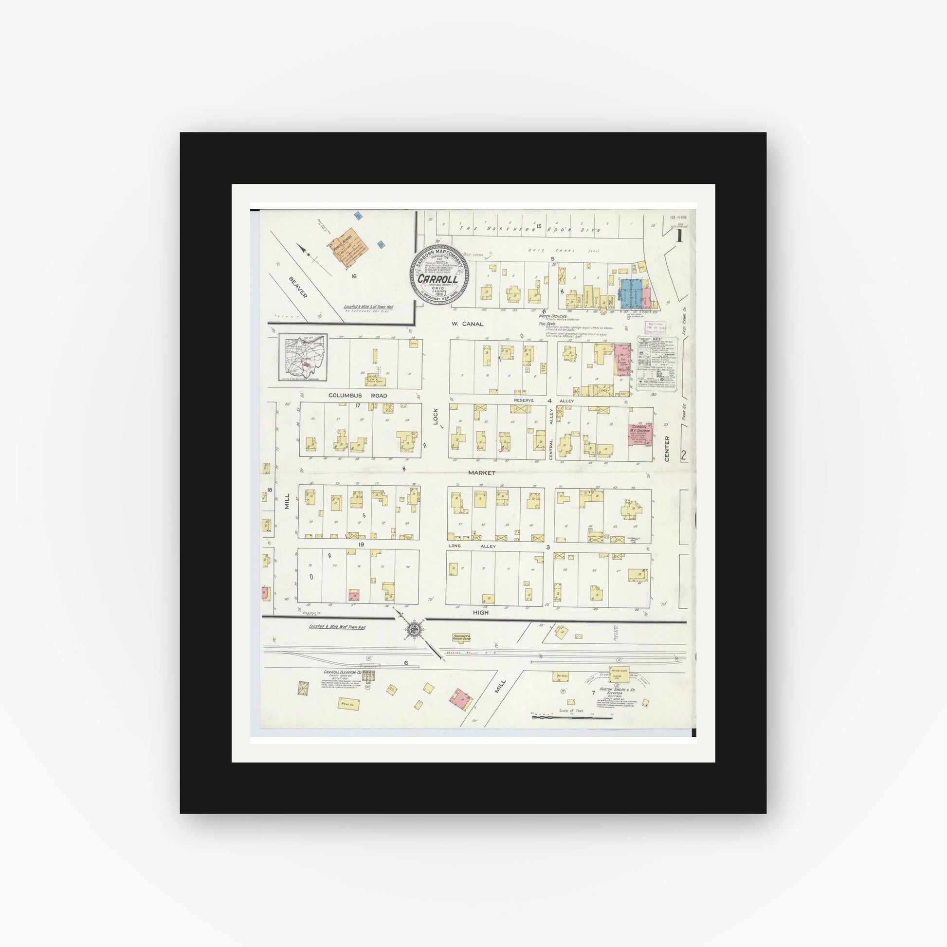 Old map wall art mockup — black gallery frame with white mat — Sanborn Fire Insurance Map from Carroll, Fairfield County, Ohio (1916) - Complete Map Set