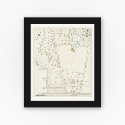 Old map wall art mockup — black gallery frame with white mat — Sanborn Fire Insurance Map from Babylon, Suffolk County, New York (1915), Sheet #0012
