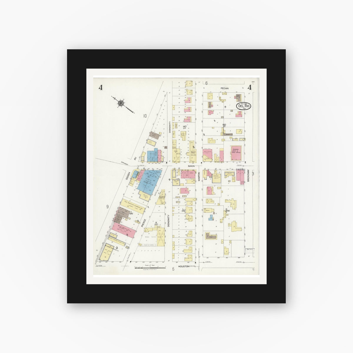 Old map wall art mockup — black gallery frame with white mat — Sanborn Fire Insurance Map from Del Rio, Val Verde County, Texas (1924), Sheet #0004