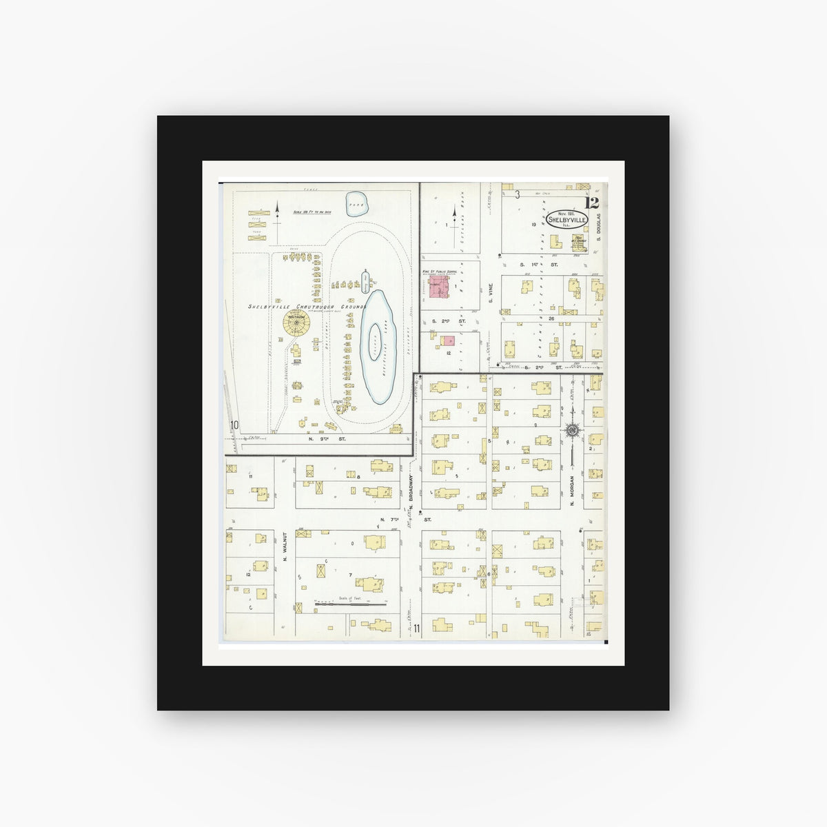 Old map wall art mockup — black gallery frame with white mat — Sanborn Fire Insurance Map from Shelbyville, Shelby County, Illinois (1911), Sheet #0012