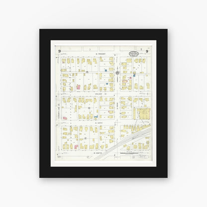 Old map wall art mockup — black gallery frame with white mat — Sanborn Fire Insurance Map from Fostoria, Seneca, Hancock, And Wood Counties, Ohio (1924), Sheet #0009