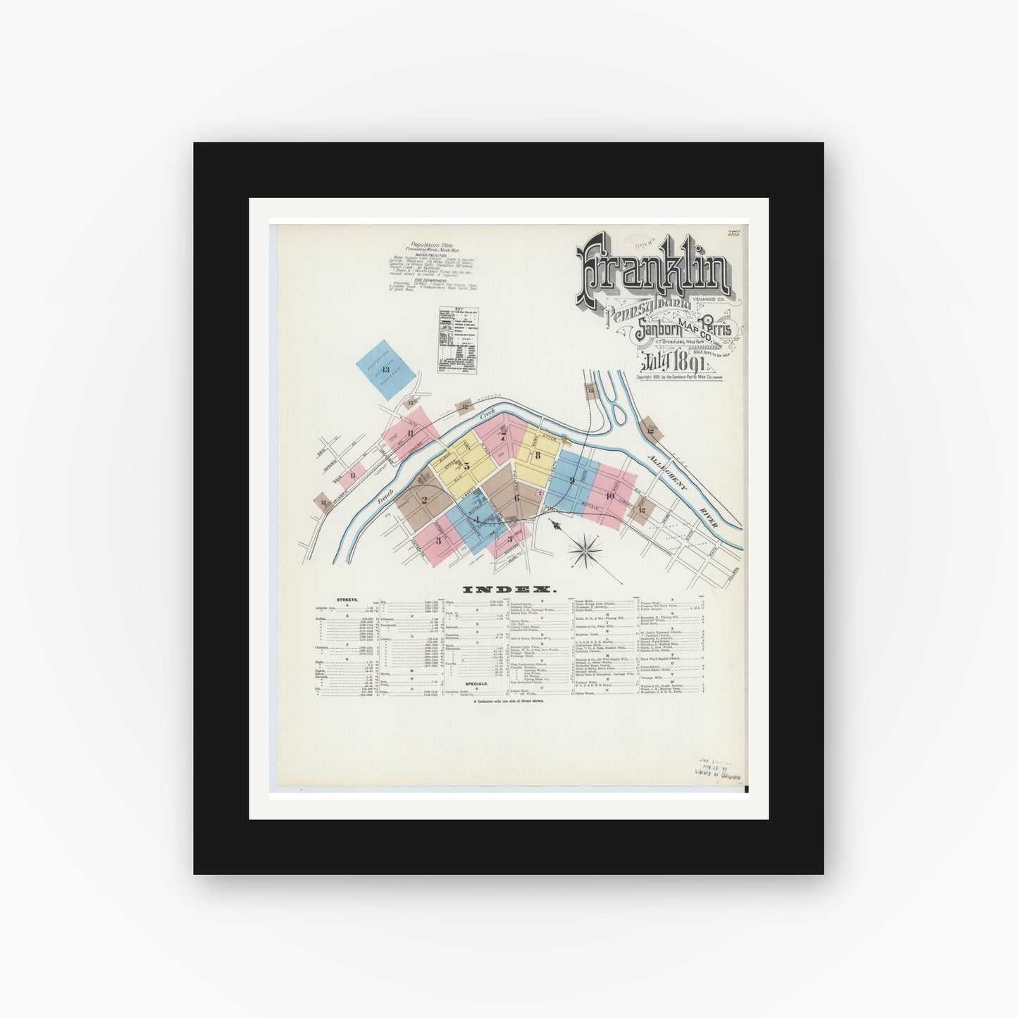 Old map wall art mockup — black gallery frame with white mat — Sanborn Fire Insurance Map from Franklin, Venango County, Pennsylvania (1891) - Complete Map Set
