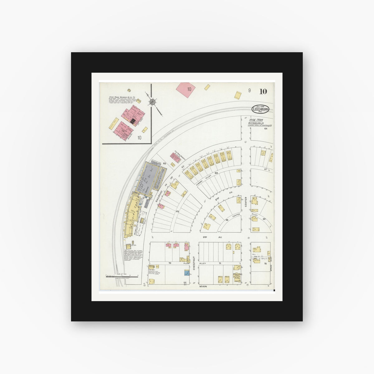 Old map wall art mockup — black gallery frame with white mat — Sanborn Fire Insurance Map from Leechburg, Armstrong County, Pennsylvania (1919), Sheet #0010