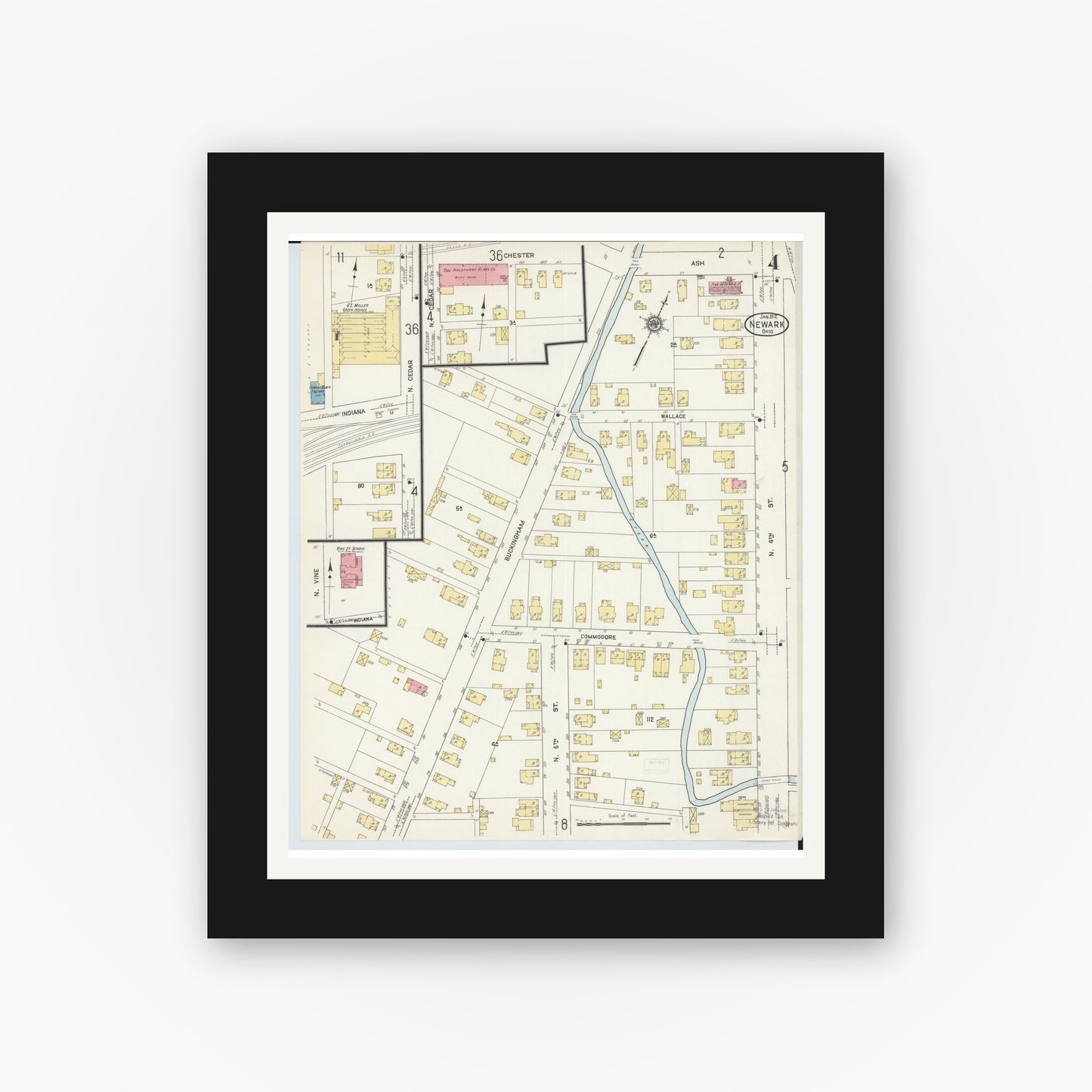 Old map wall art mockup — black gallery frame with white mat — Sanborn Fire Insurance Map from Newark, Licking County, Ohio (1912), Sheet #0004
