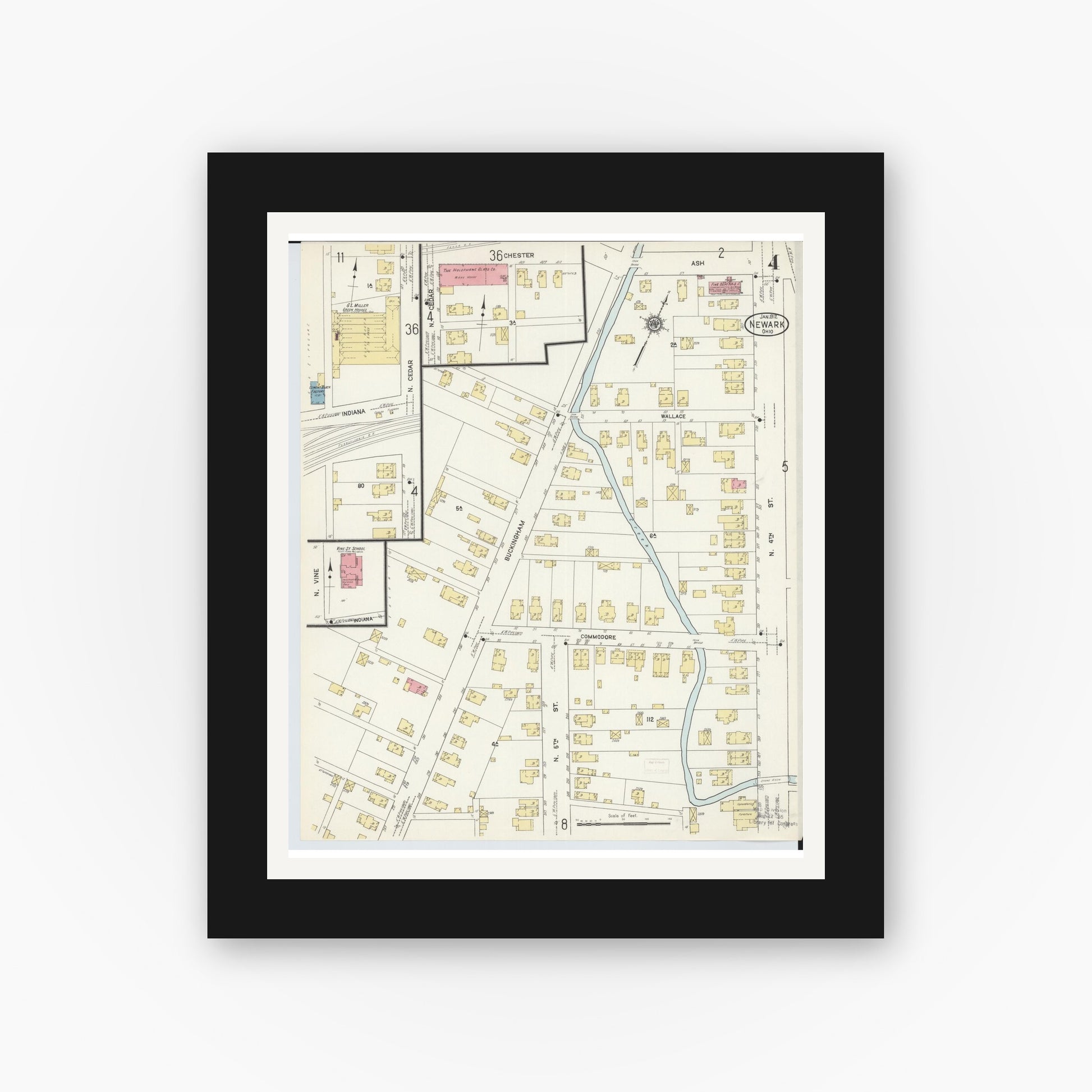 Old map wall art mockup — black gallery frame with white mat — Sanborn Fire Insurance Map from Newark, Licking County, Ohio (1912), Sheet #0004