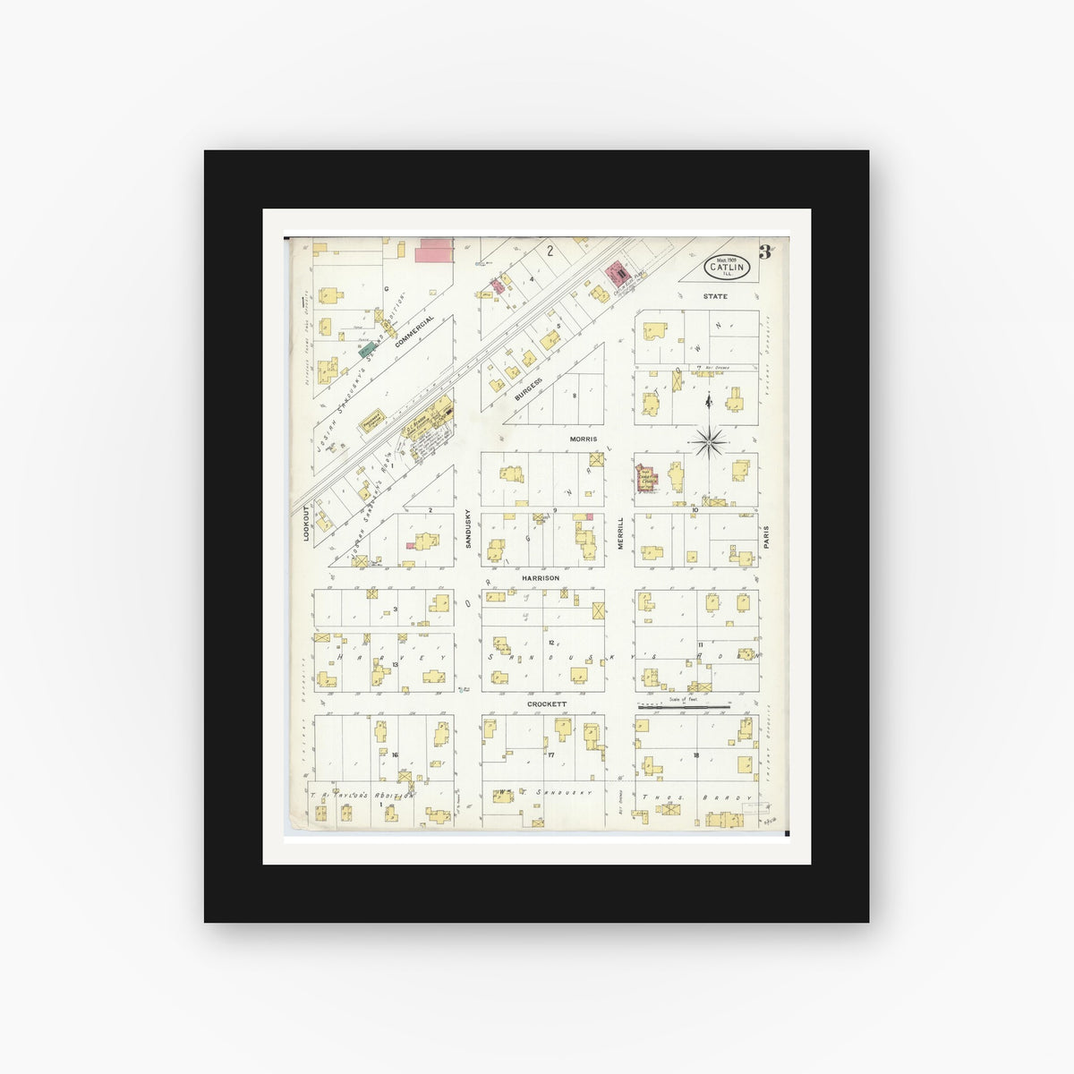 Old map wall art mockup — black gallery frame with white mat — Sanborn Fire Insurance Map from Catlin, Vermilion County, Illinois (1909), Sheet #0003