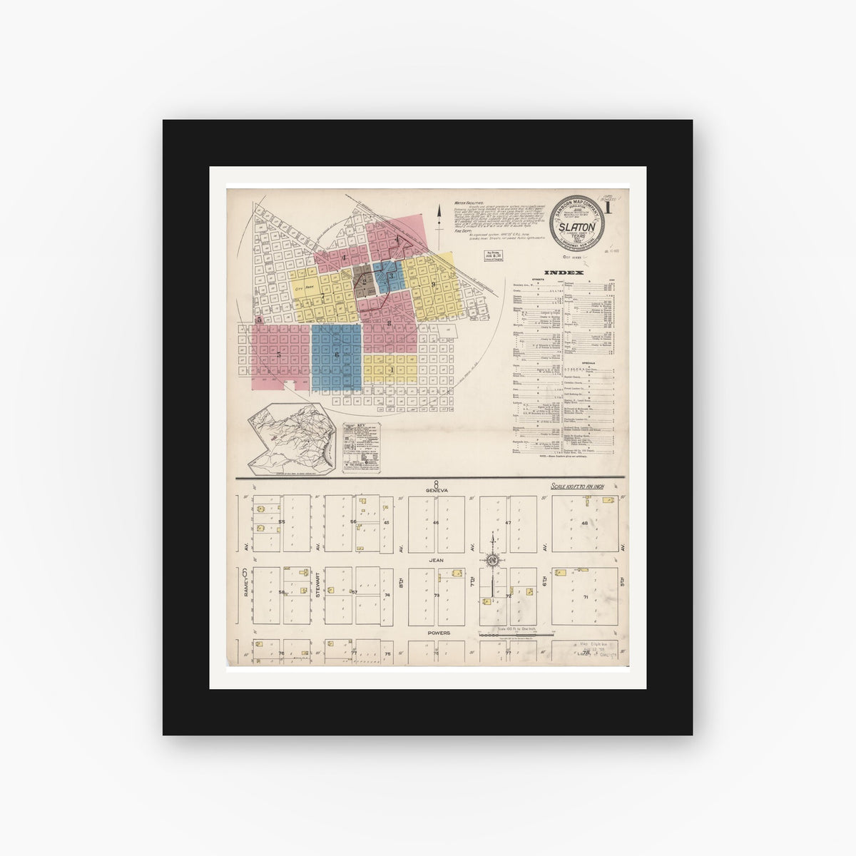 Old map wall art mockup — black gallery frame with white mat — Sanborn Fire Insurance Map from Slaton, Lubbock County, Texas (1922), Sheet #0001