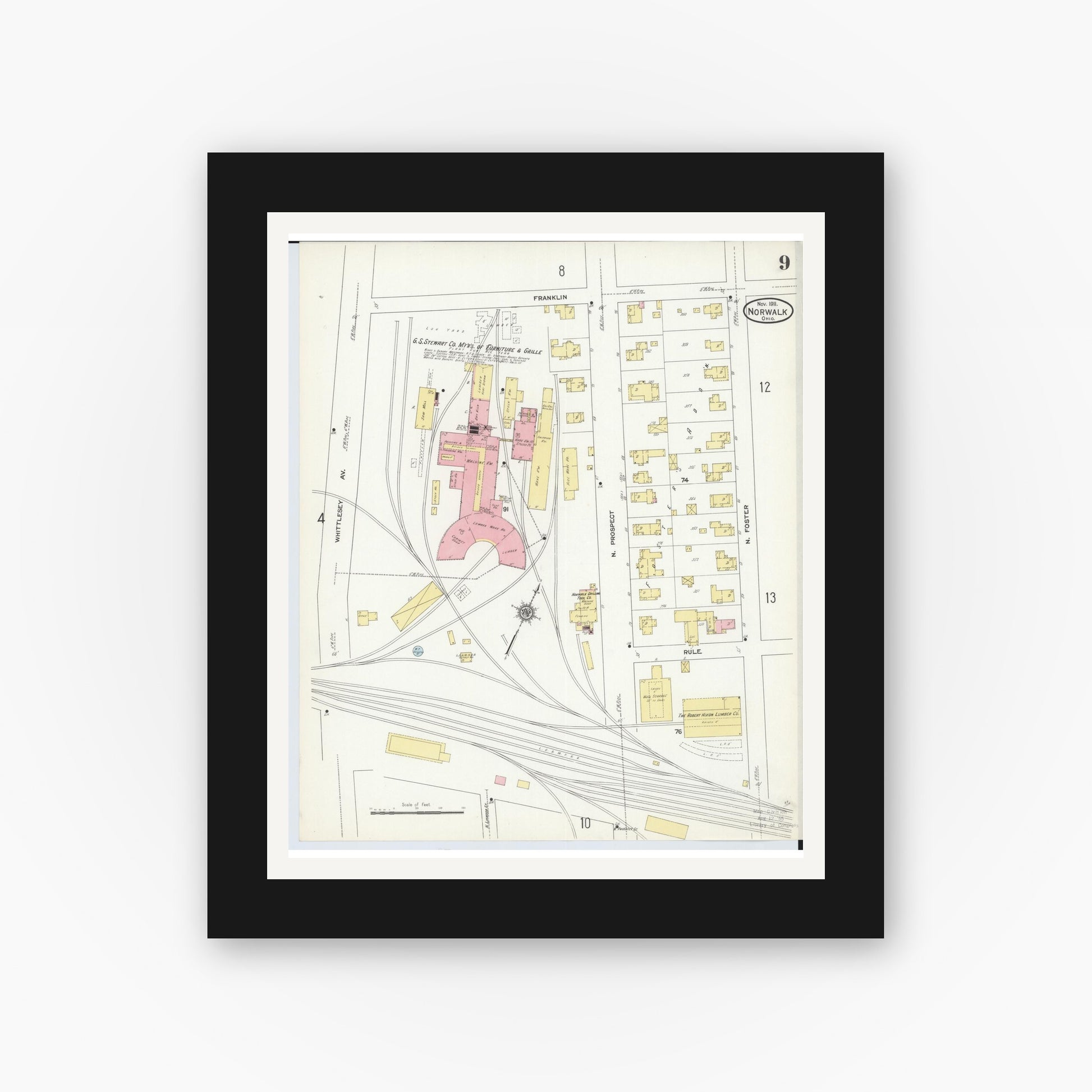Old map wall art mockup — black gallery frame with white mat — Sanborn Fire Insurance Map from Norwalk, Huron County, Ohio (1911), Sheet #0009