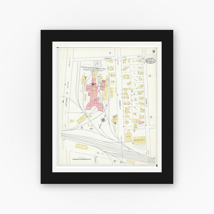 Old map wall art mockup — black gallery frame with white mat — Sanborn Fire Insurance Map from Norwalk, Huron County, Ohio (1911), Sheet #0009