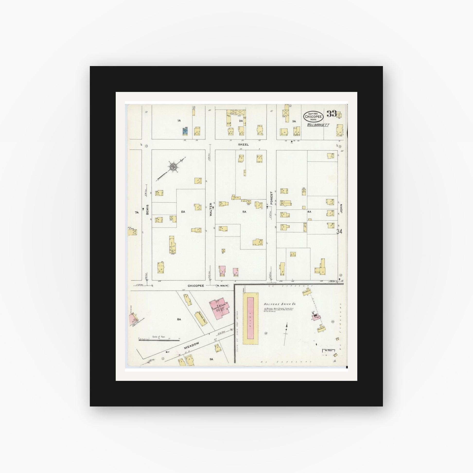 Old map wall art mockup — black gallery frame with white mat — Sanborn Fire Insurance Map from Chicopee, Hampden County, Massachusetts (1910), Sheet #0033