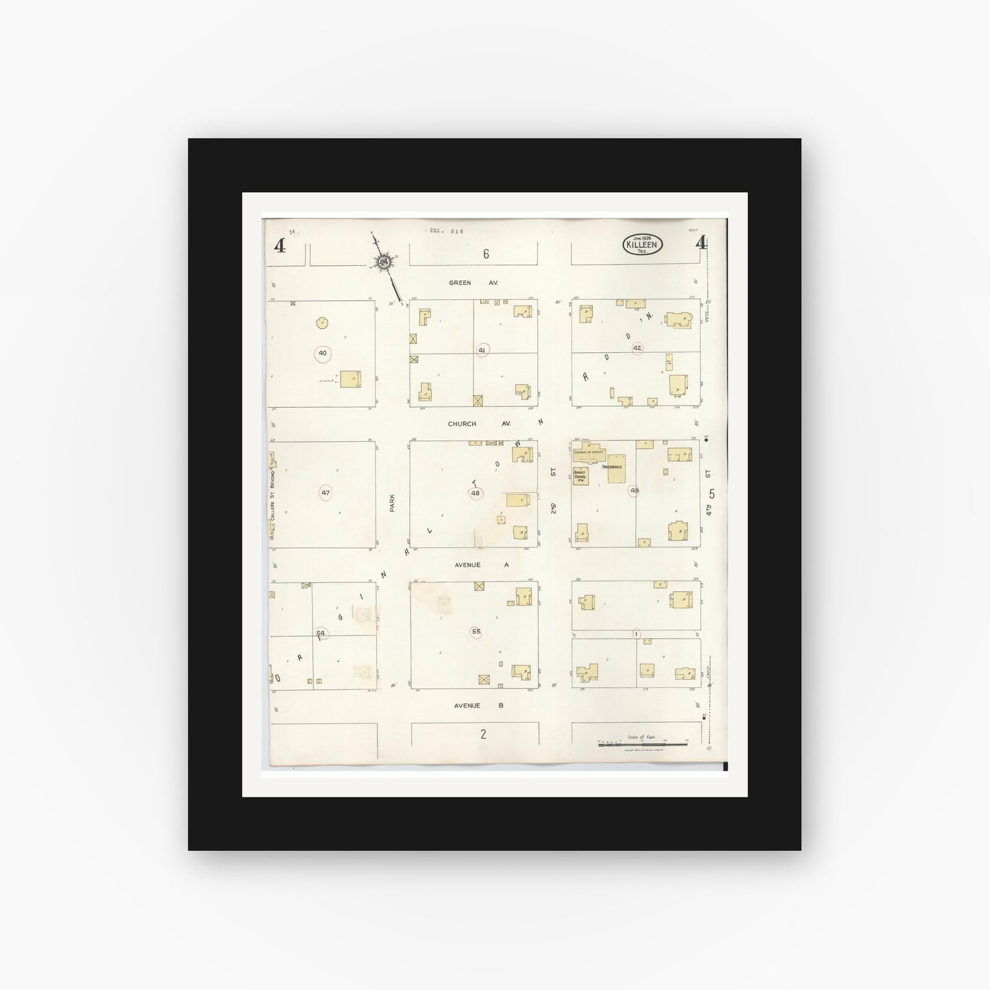 Old map wall art mockup — black gallery frame with white mat — Sanborn Fire Insurance Map from Killeen, Bell County, Texas (1937), Sheet #0004