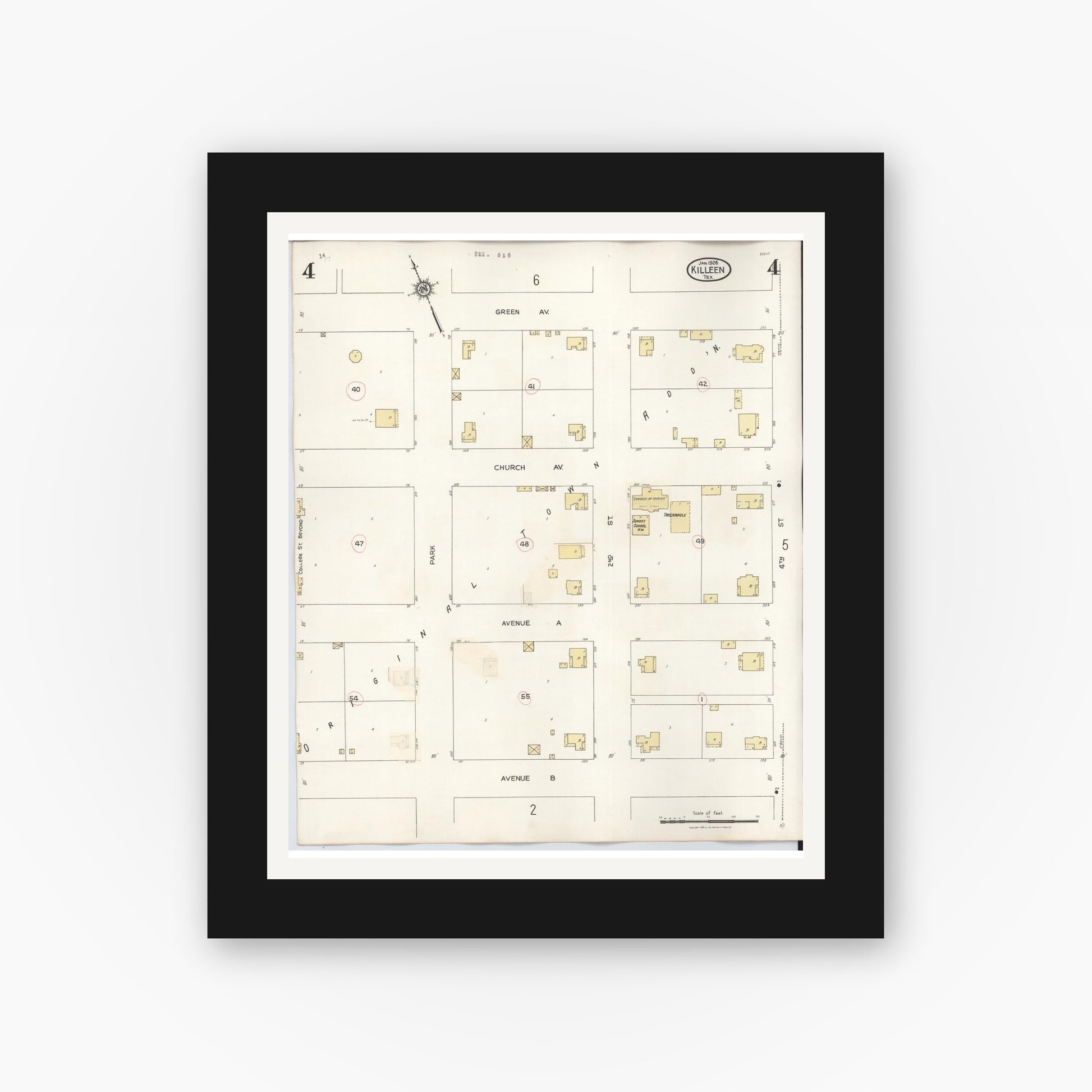 Old map wall art mockup — black gallery frame with white mat — Sanborn Fire Insurance Map from Killeen, Bell County, Texas (1937), Sheet #0004